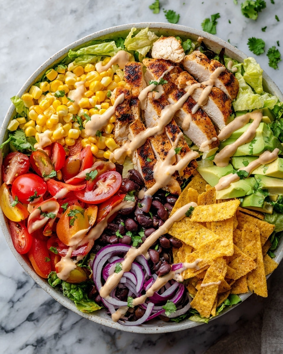 A white bowl filled with a layered salad sits on a white marbled surface. The base layer is green leafy lettuce that crests the edges. On top, sections of fresh ingredients are arranged in a circle: bright red cherry tomato halves on the top left, black beans to the right of them, yellow corn on the bottom right, light brown tortilla chips next to the corn, and thinly sliced red onions on the bottom left. A sliced green avocado with a smooth texture is on the left side. In the center lies grilled chicken breast sliced into strips, with a dark charred crust and a juicy texture. Light brown creamy sauce is drizzled across the whole bowl. Three lime halves are on the upper right side. A woman's hand holding a fork is about to take a bite from the tortilla chips. Photo taken with an iphone --ar 4:5 --v 7