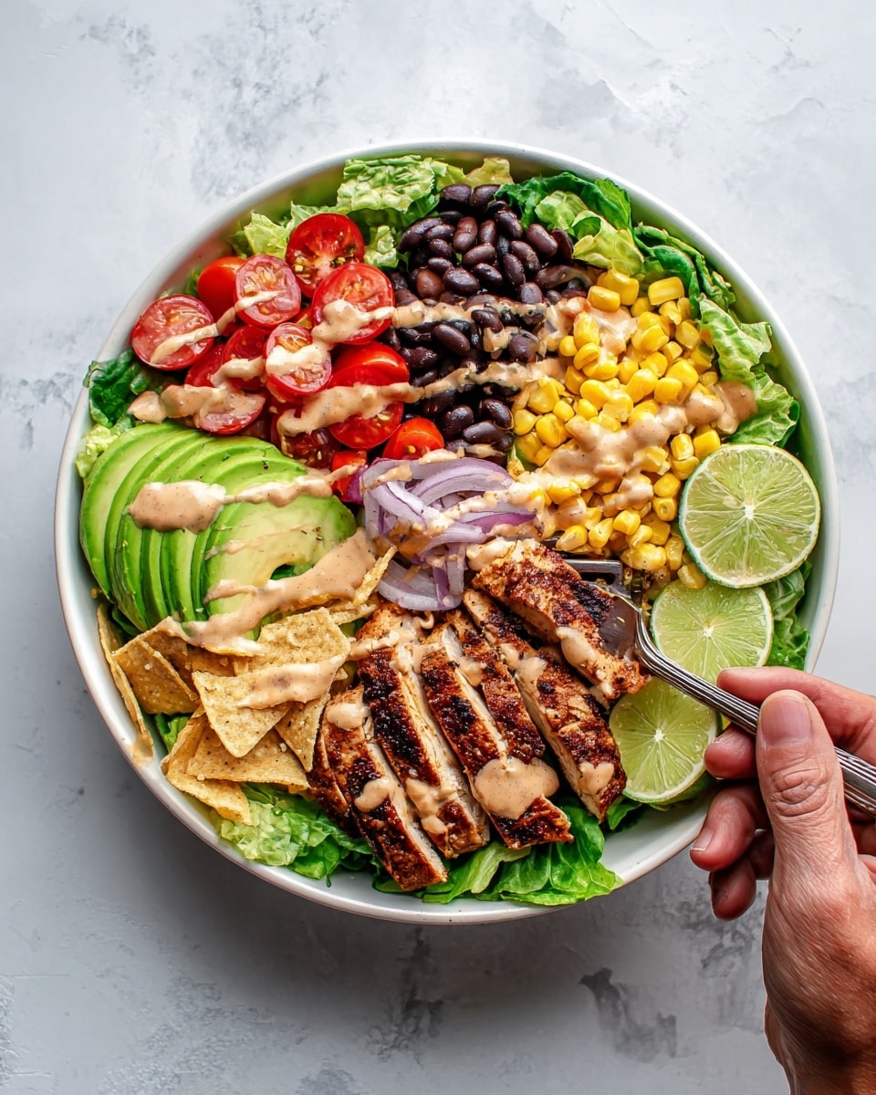 A white bowl filled with a colorful layered salad arranged neatly in sections, starting with a base of chopped green lettuce. On top, there are yellow corn kernels, bright red cherry tomato halves, sliced red bell peppers, thin rings of purple onion, and black beans. In the center, sliced grilled chicken sits with a light brown char and is drizzled with a creamy beige sauce. Next to the chicken are slices of green avocado, and a pile of crispy yellow tortilla chips adds texture. The salad is garnished with small green cilantro leaves scattered across the layers, all placed on a white marbled surface. Photo taken with an iphone --ar 4:5 --v 7