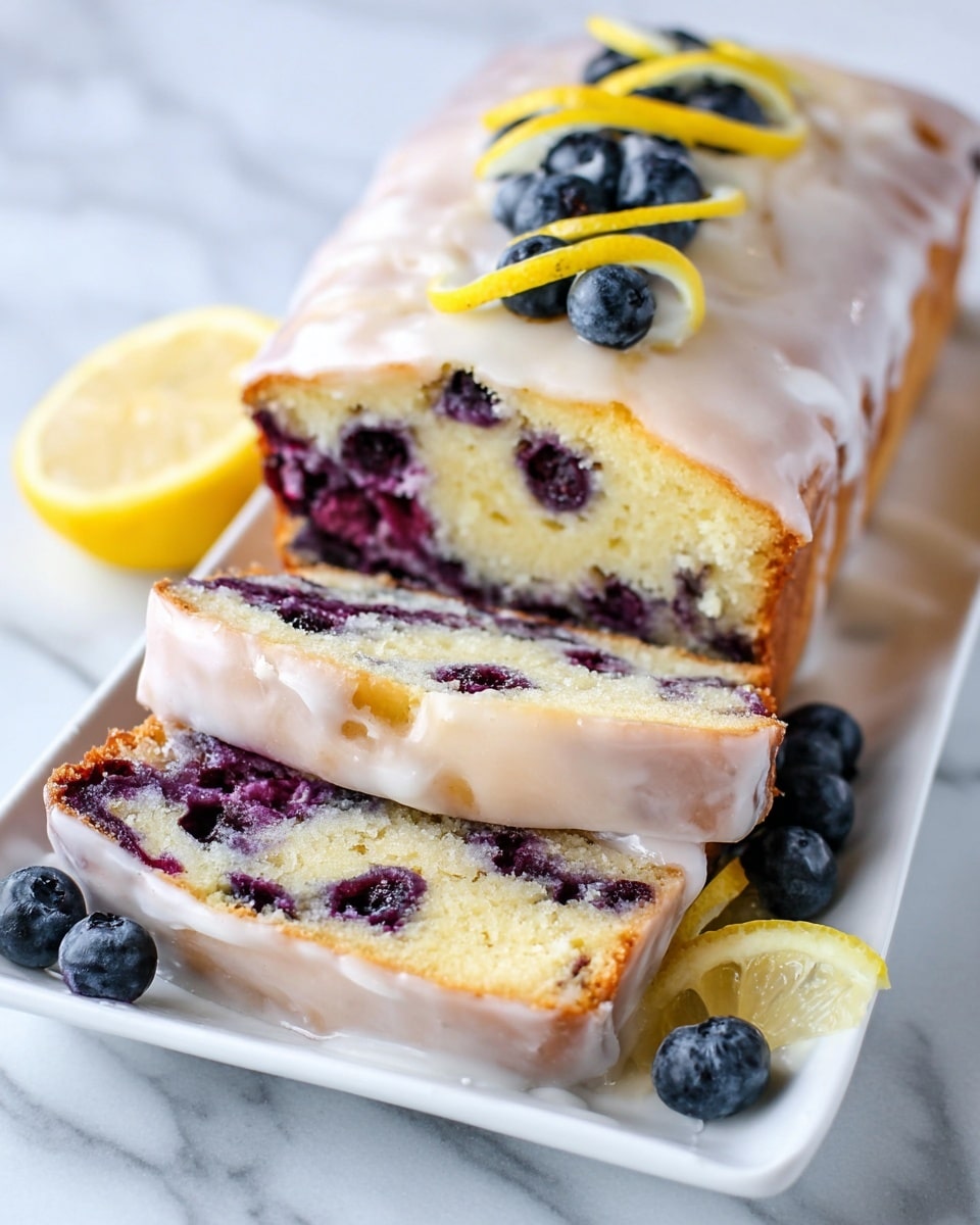 The image shows a blueberry lemon loaf cake sliced in half on a white rectangular plate, placed on a white marbled surface. The cake has a golden-brown crust and a moist, light yellow inside filled with whole, dark blue blueberries. On top, there is a shiny white glaze that drips slightly over the sides. Around the cake, there are fresh blueberries, thin yellow lemon zest curls, and a lemon wedge with visible pulp. The scene is bright and fresh, focusing on the cake's texture and colorful berries. photo taken with an iphone --ar 4:5 --v 7