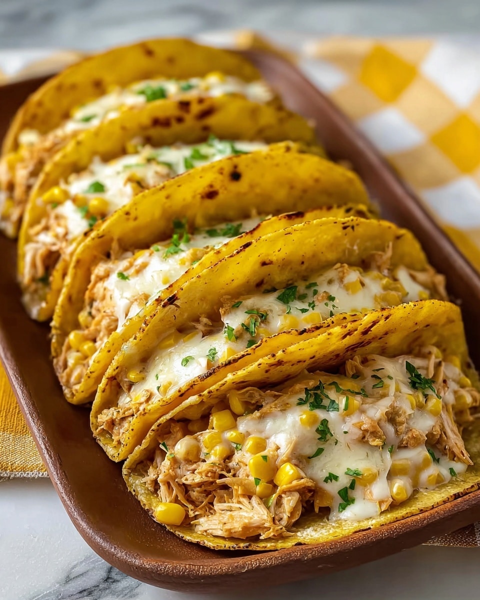 The image shows four tacos placed side by side on a long, brown dish over a yellow and white checkered cloth on a white marbled surface. Each taco has a slightly toasted, yellow corn shell that is crispy and curved. Inside each taco, there is a layer of shredded chicken mixed with yellow corn kernels, topped with melted white cheese that looks creamy and gooey. Small green herb pieces are sprinkled on top for contrast. The tacos are filled generously, with the chicken and cheese visible overflowing slightly from the taco shells. The photo is taken with an iphone --ar 4:5 --v 7
