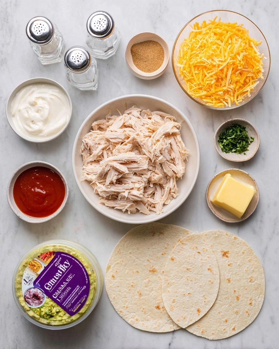 The image shows ingredients for a chicken wrap laid out on a white marbled surface. There are two round, flat white tortillas at the bottom right of the image. Above them, a white bowl is filled with shredded cooked chicken, light beige in color with a fibrous texture. To the right of the chicken is a small bowl with a pat of yellow butter. Next to it, there are two clear glass salt and pepper shakers. Above the chicken is a bowl filled with shredded yellow cheddar cheese. To the left of the chicken are several small bowls: one with sour cream, white and creamy; one with a red sauce, smooth and shiny; one with light brown seasoning powder; and one with green herbs. There is also a round container of chunky guacamole with a purple lid and colorful label near the bottom left. The scene is bright and clean. Photo taken with an iphone --ar 4:5 --v 7