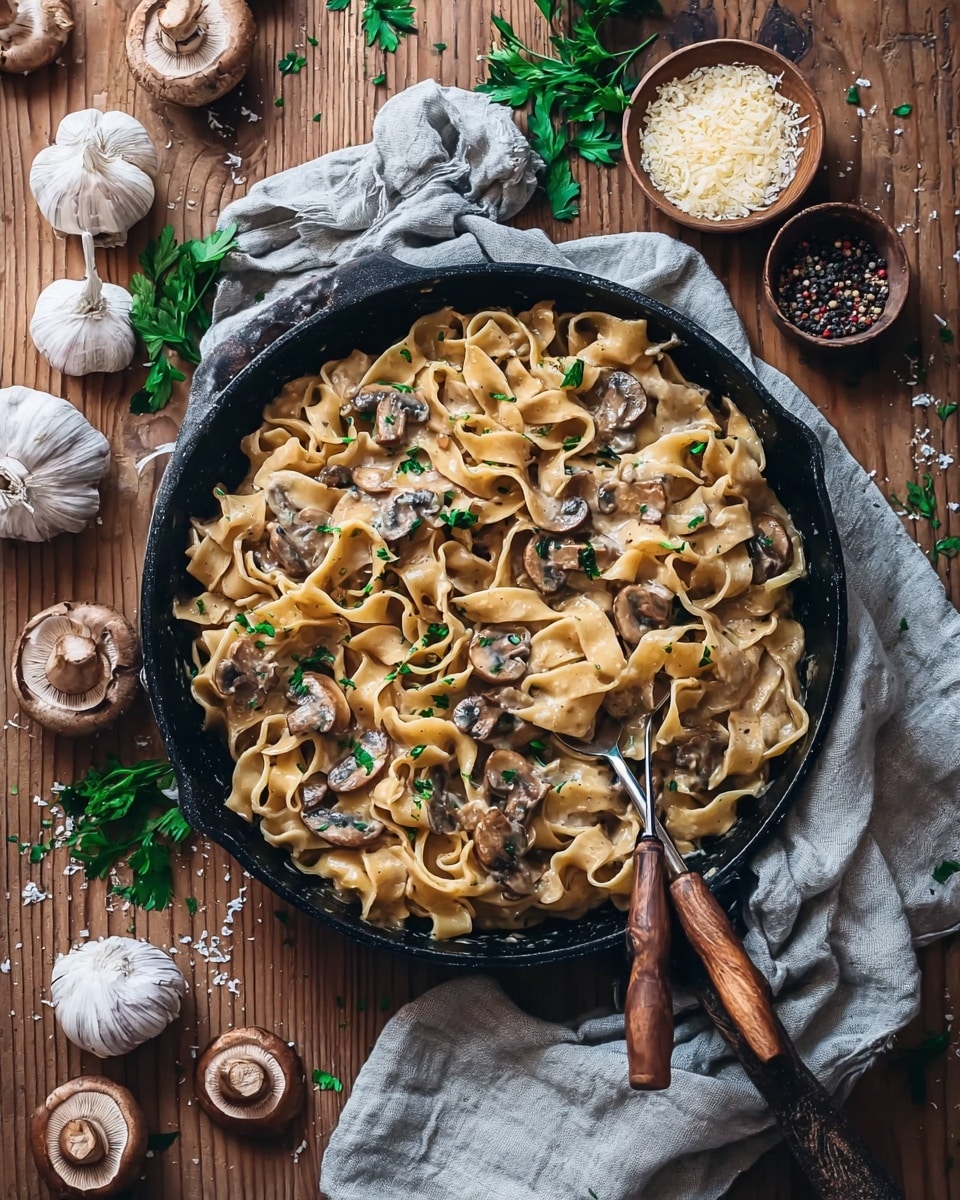 A bowl filled with wide, flat pasta noodles in a creamy light brown sauce mixed with sliced brown mushrooms, topped with small green parsley leaves and some grated cheese sprinkled on top and around the bowl. The pasta has a soft, slightly curled texture, and a woman's hand with red nail polish is lifting a forkful of noodles from the bowl. The bowl is white and sits on a wooden cutting board with a red cloth underneath, all placed on a white marbled surface. In the blurred background, there are whole garlic bulbs and rustic kitchen tools. Photo taken with an iphone --ar 4:5 --v 7