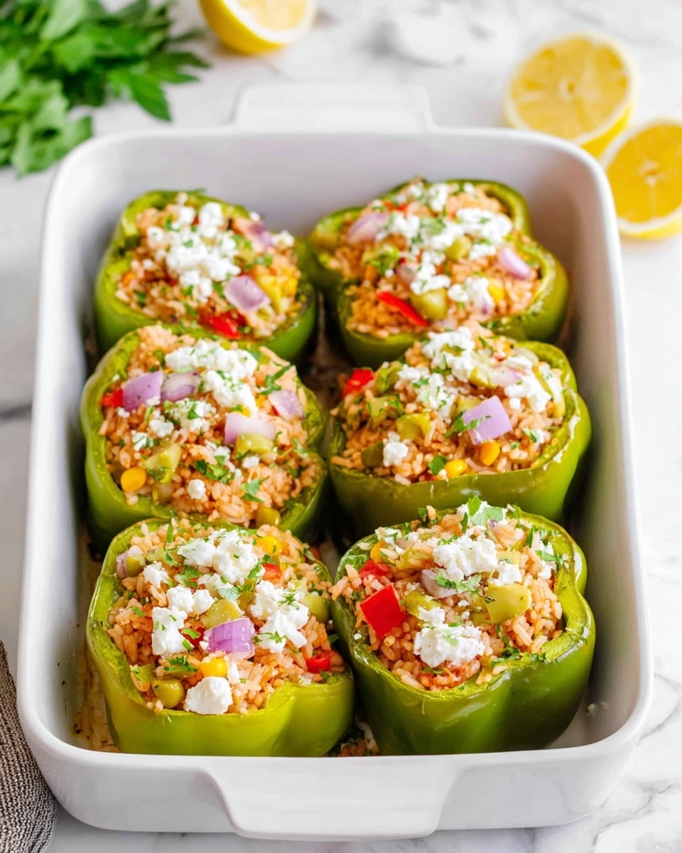 A white baking dish holds six green bell pepper halves, each filled with a colorful mix of cooked rice, diced red onion, red bell pepper, yellow corn, chopped olives, and fresh herbs. The rice mix is topped with crumbled white cheese and a few small pieces of red onion. The bell peppers are bright green with a smooth texture, contrasting with the fluffy and moist rice filling. A lemon half and some fresh green herbs rest nearby on a white marbled surface, adding a fresh touch to the scene. photo taken with an iphone --ar 4:5 --v 7
