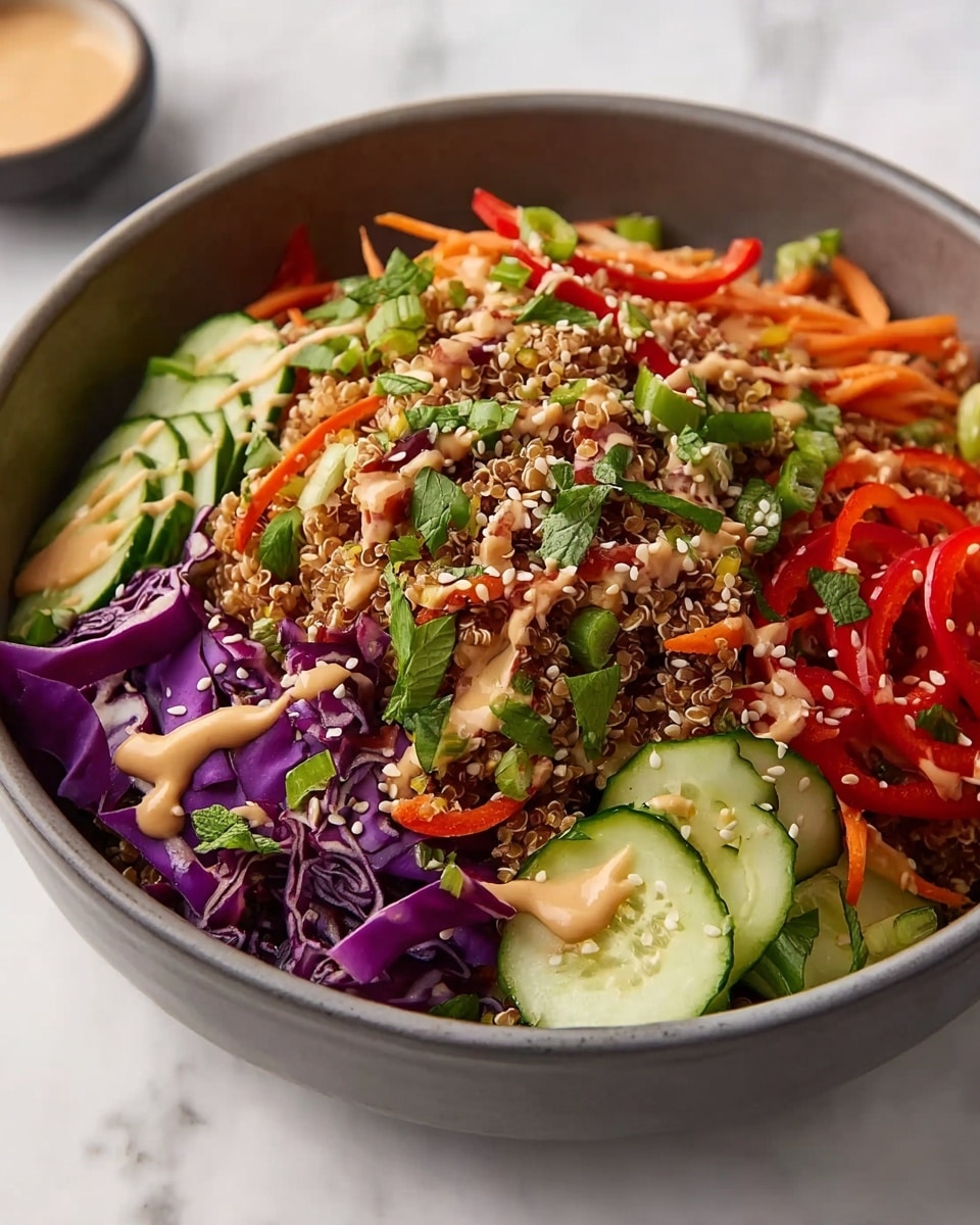 A large bowl filled with a colorful salad showing multiple layers: the base layer has brown cooked grains with a slightly crumbly texture, topped with thin slices of bright purple cabbage and pieces of green cucumber with pale centers arranged around the bowl's sides. Mixed in are thin slices of orange carrots and red bell peppers creating a vibrant contrast. Fresh green herbs are scattered on top, along with a beige sauce drizzled over everything, sprinkled with small white sesame seeds. The bowl sits on a white marbled surface. photo taken with an iphone --ar 4:5 --v 7