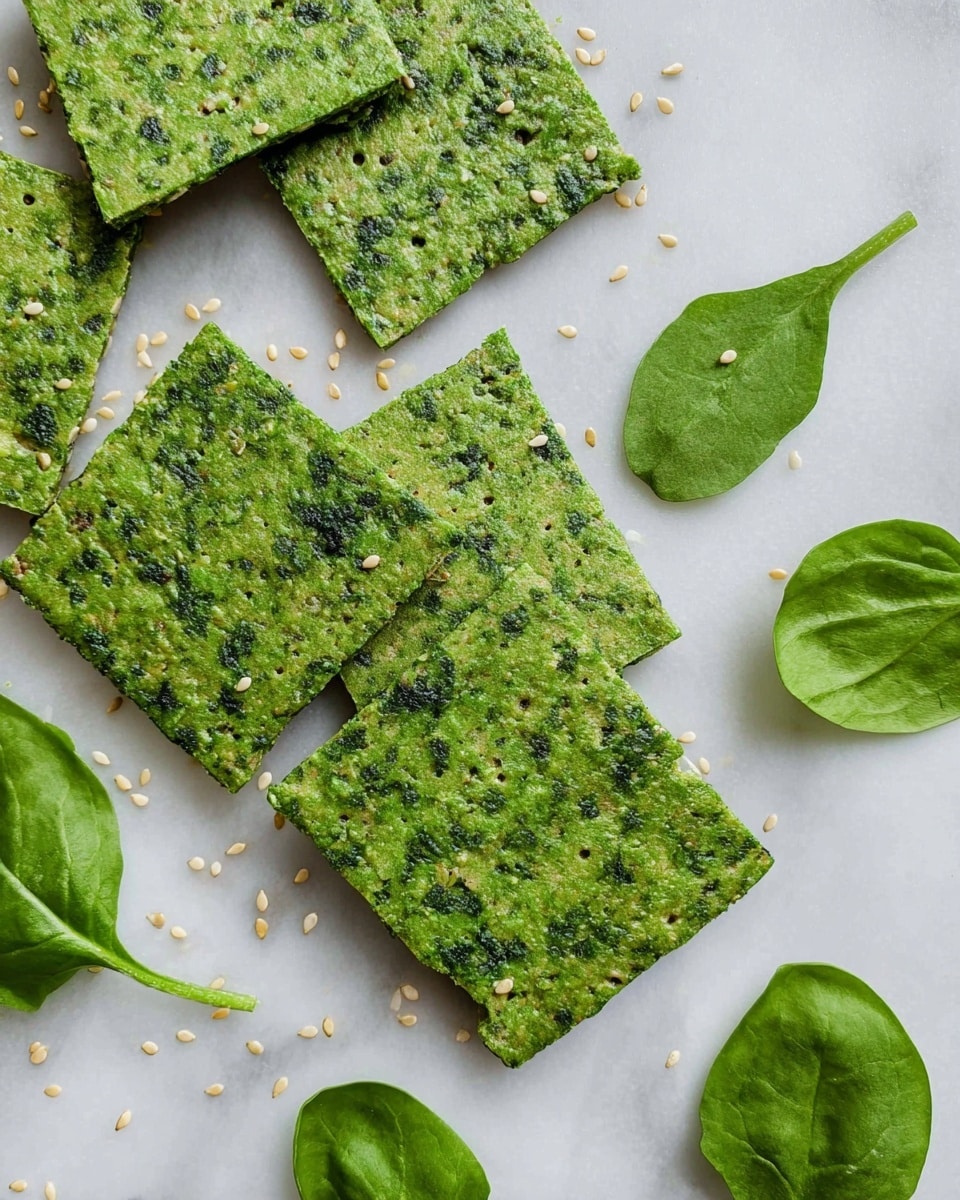 A close-up of a woman's hand holding a small, square green cracker with a rough texture made of finely chopped herbs and seeds. Below, scattered on a white marbled surface, are many more of these same green crackers, arranged loosely and surrounded by fresh spinach leaves for decoration. The overall color palette is bright green with specks of darker green and light brown from the seeds, giving a fresh and healthy look. photo taken with an iphone --ar 4:5 --v 7