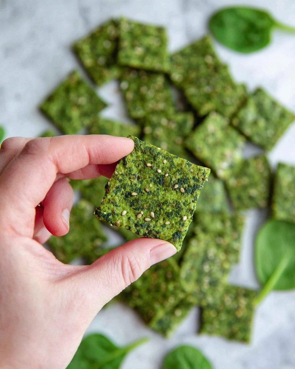 The image shows several square green crackers, each one thin and speckled with darker green bits and small sesame seeds scattered throughout. The crackers have a rough texture and are placed on a white marbled surface with some sesame seeds sprinkled around. Two fresh green spinach leaves lie near the crackers, adding a fresh look to the scene. photo taken with an iphone --ar 4:5 --v 7