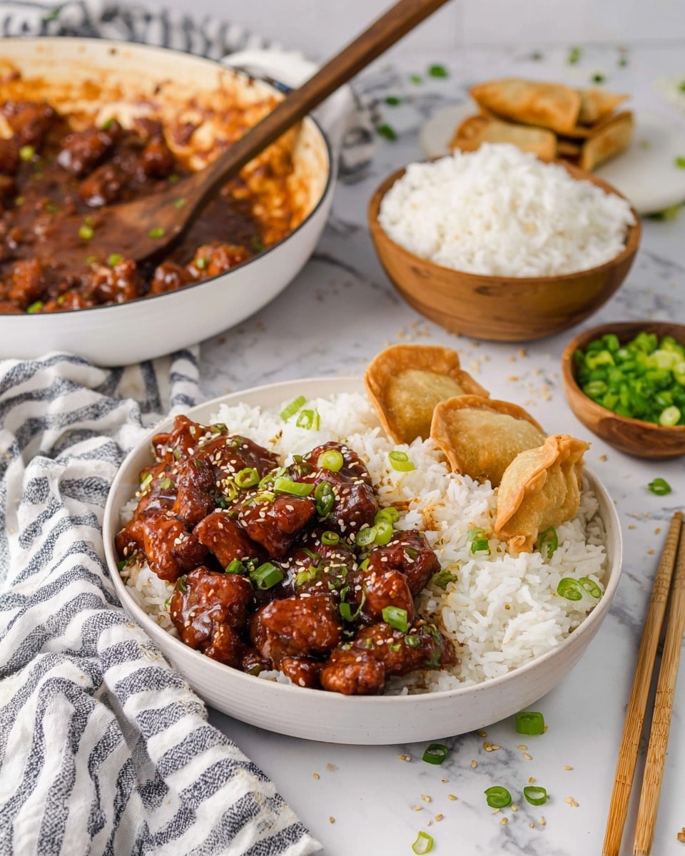 The image shows a white bowl filled with three layers: at the bottom, there is a layer of plain white rice, soft and fluffy in texture; on top of the rice, there is a generous layer of glazed, dark brown chicken pieces coated in a shiny sauce, sprinkled with small green chopped scallions and white sesame seeds; on one side of the bowl, there are three golden-brown, slightly crispy fried dumplings resting partially on the rice. In the background, a white pan with some leftover sauce and chicken pieces is visible, along with a small wooden bowl filled with white rice and another wooden bowl holding more fried dumplings. The surface is a white marbled texture, and a striped cloth is placed next to the bowl, with a pair of wooden chopsticks resting nearby. Small scattered sesame seeds and chopped scallions enhance the scene. Photo taken with an iphone --ar 4:5 --v 7