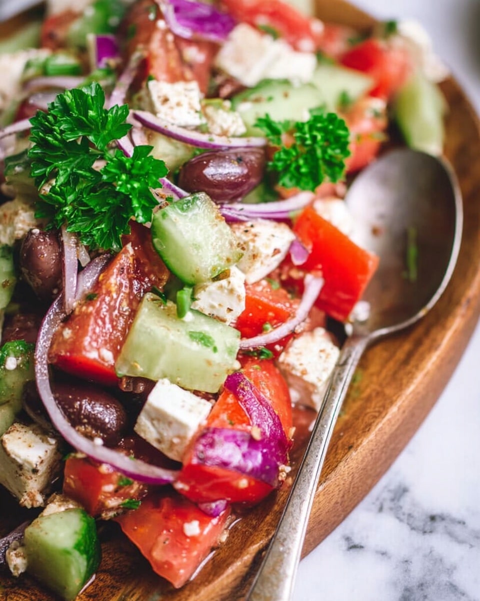A wooden oval bowl filled with a colorful Greek salad, showing layers of red tomato chunks, green cucumber pieces, white feta cheese cubes, dark black and green olives, and thin slices of purple onion, all topped with fresh green parsley leaves. A woman's hand with pink nail polish holds a fork scooping the salad from the right side. The bowl sits on a piece of burlap cloth over a white marbled textured surface, surrounded by small wooden containers with salt and red pepper flakes, a glass bottle of olive oil, a bowl of mixed olives, and scattered parsley leaves, with a blue cloth partially under the bowl. Photo taken with an iphone --ar 4:5 --v 7