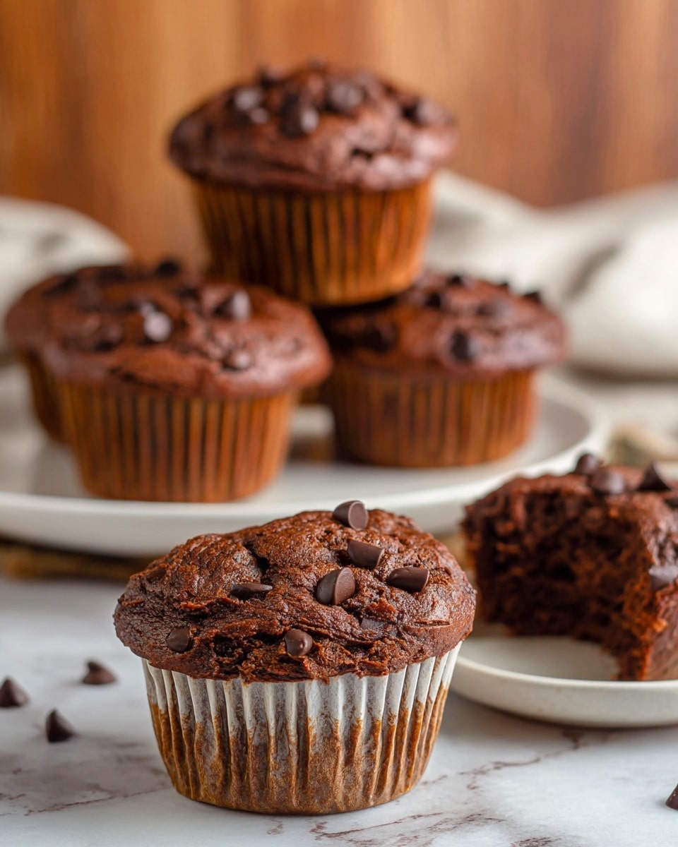 The image shows a stack of five chocolate muffins on a white plate, placed on a white marbled surface. The top muffin is split open, revealing a moist, dark brown inside with melted chocolate chips. The muffins have a textured top sprinkled with smooth, glossy chocolate chips, giving them a rich and gooey look. The colors range from deep brown to lighter brown at the edges, showing a soft, crumbly texture. Photo taken with an iphone --ar 4:5 --v 7