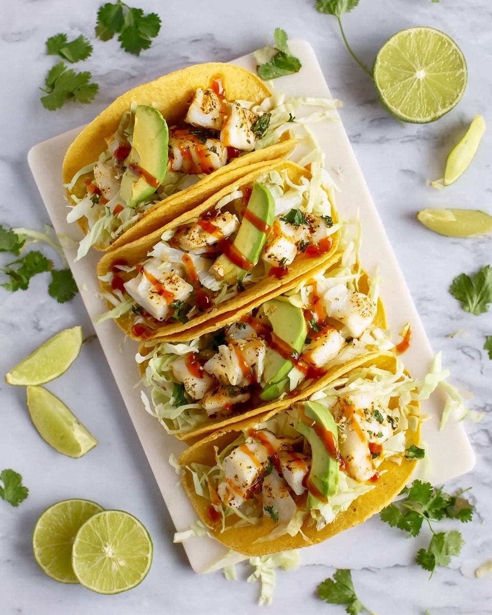 The image shows two small white corn tacos placed on a white marbled surface. Each taco has a charred yellow corn tortilla with grilled white fish pieces on top, lightly seasoned with herbs. There is a layer of thin, pale white shredded cabbage inside the tacos. Slices of fresh, green avocado are placed on each taco, along with a drizzle of creamy white sauce. Fresh green cilantro leaves are scattered over the tacos and around them on the surface. A lime wedge sits near the tacos, adding a touch of fresh citrus to the scene. The overall look is bright, fresh, and simple. photo taken with an iphone --ar 4:5 --v 7