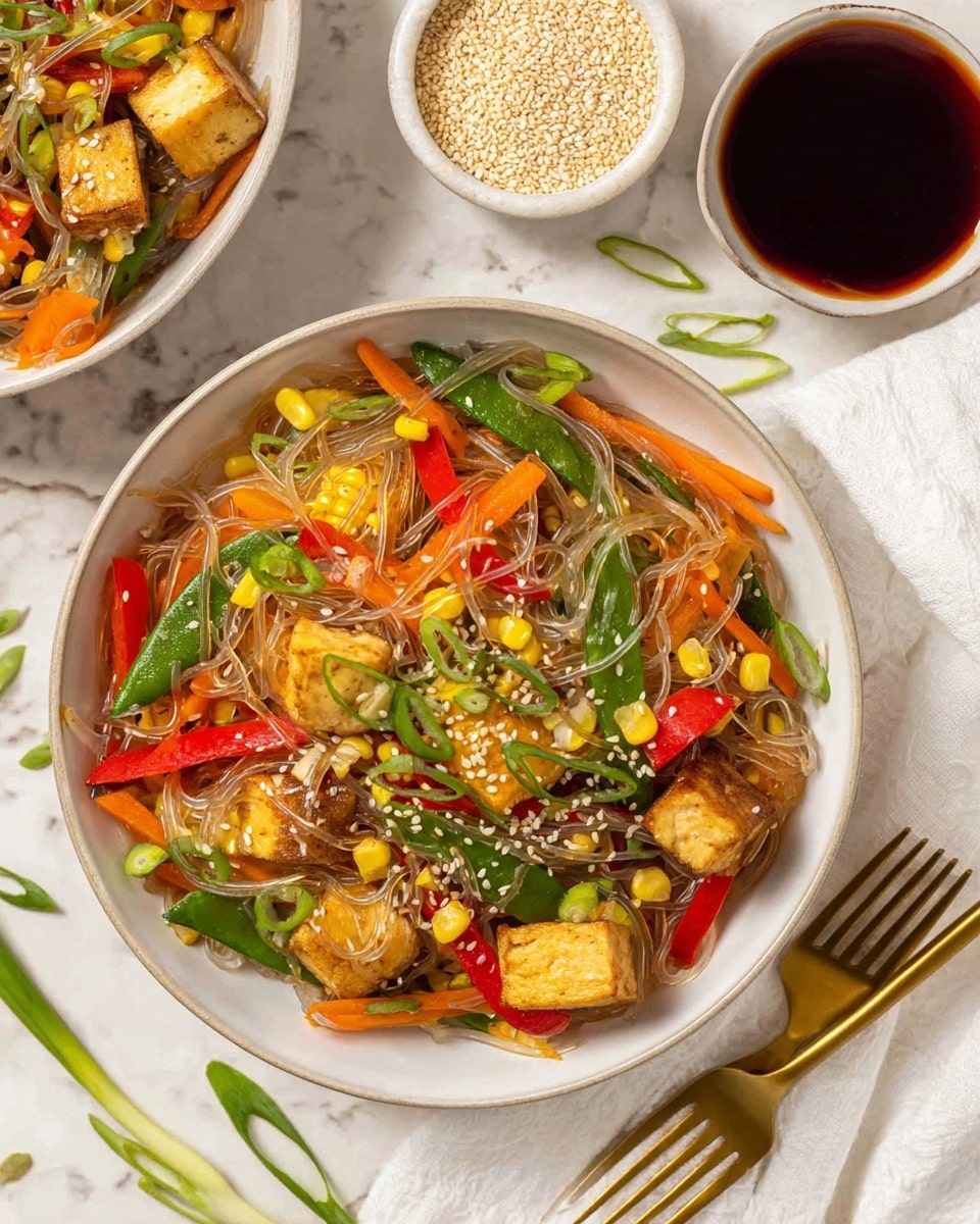 A white bowl full of clear glass noodles mixed with bright orange carrot strips, yellow corn kernels, green snap peas, red bell pepper strips, and light brown tofu cubes. The noodles and vegetables are scattered with light green sliced scallions and white sesame seeds on top. Next to the bowl, there is a small white bowl filled with sesame seeds and another white bowl holding a dark brown sauce, all set on a white marbled surface. A gold fork and spoon rest on a white cloth nearby, with some scattered green scallion slices around. Photo taken with an iphone --ar 4:5 --v 7
