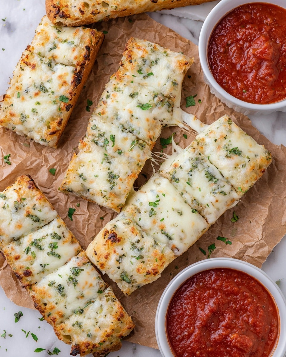 The image shows several pieces of bread covered with melted white cheese sprinkled with green herbs, placed on a light wooden board. The bread has a soft, airy texture with a slightly crispy, golden crust on the edges. In the background, there is a white bowl filled with more bread slices topped with cheese and herbs. Near the bowl is a small white bowl containing a red sauce with a slightly chunky texture. Everything is set on a white marbled surface. photo taken with an iphone --ar 4:5 --v 7