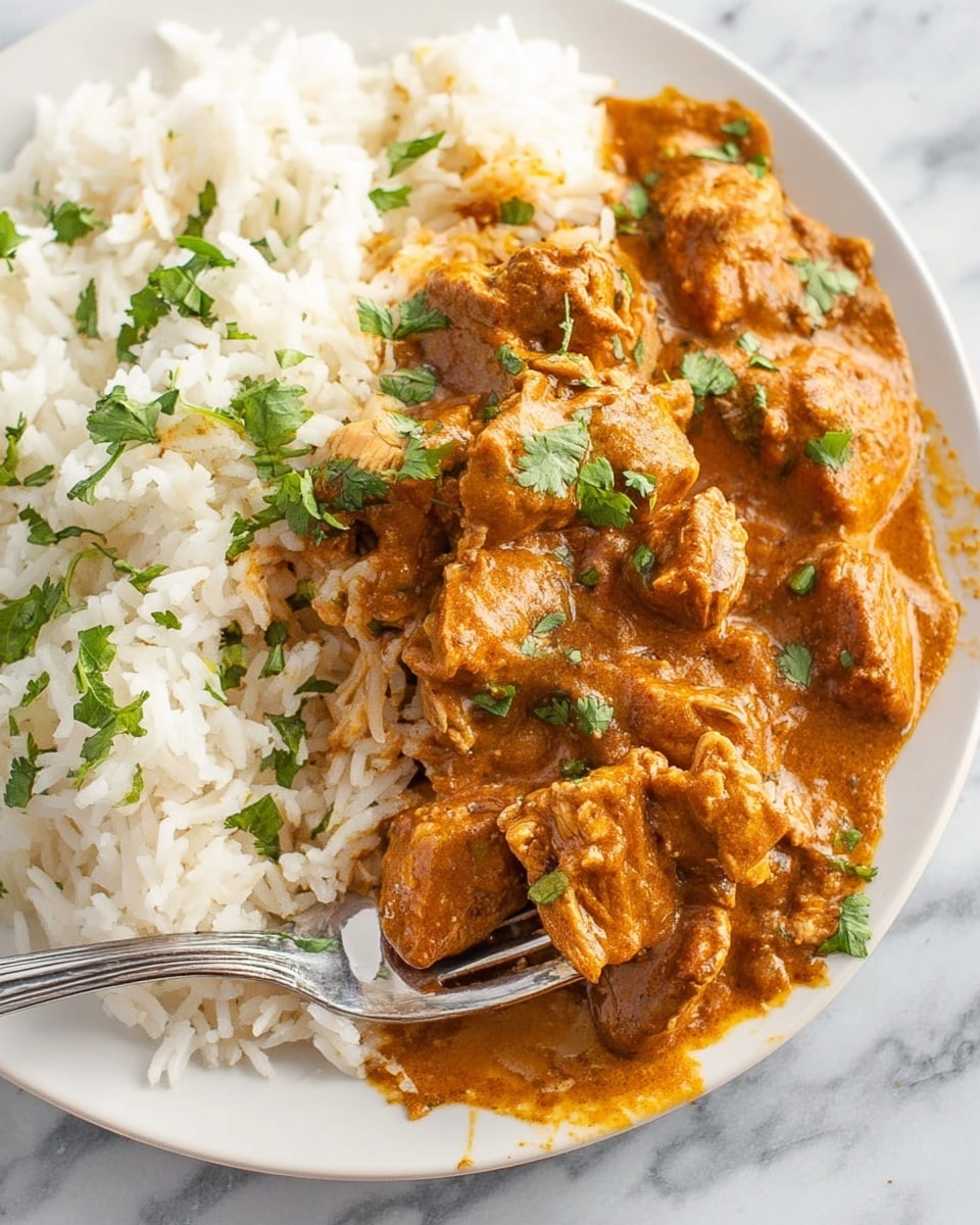 A white plate holds a meal with three main parts: on the left, two pieces of golden-brown toasted flatbread with slightly charred spots; in the middle, a generous portion of white rice with individual grains visible and scattered green herb leaves on top; and on the right, a thick, reddish-orange curry with chunks of meat coated in a creamy sauce, also topped with fresh green herbs. In the background, another similar plate is partly visible, and to the top left, a small white bowl with chopped green herbs sits near a silver slow cooker. The entire setting is on a white marbled surface, enhanced by soft natural light. Photo taken with an iphone --ar 4:5 --v 7