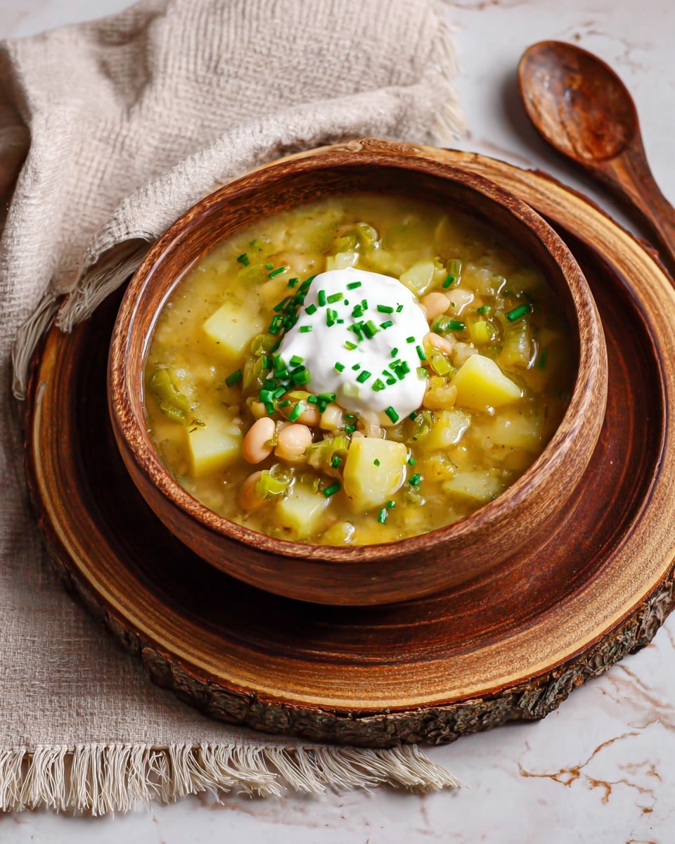 A wooden bowl filled with a soup made of light yellow broth, chunks of potatoes, white beans, and small pieces of vegetables sits on a wooden plate, both placed on a round wooden slice with rough bark edges. The soup is topped with a dollop of white sour cream and sprinkled with finely chopped green herbs. The background features a lit candle with melted wax, some green pine branches, and ceramic jugs in neutral tones. A cream-colored cloth with fringed edges lies beside the bowl on a white marbled surface. photo taken with an iphone --ar 4:5 --v 7