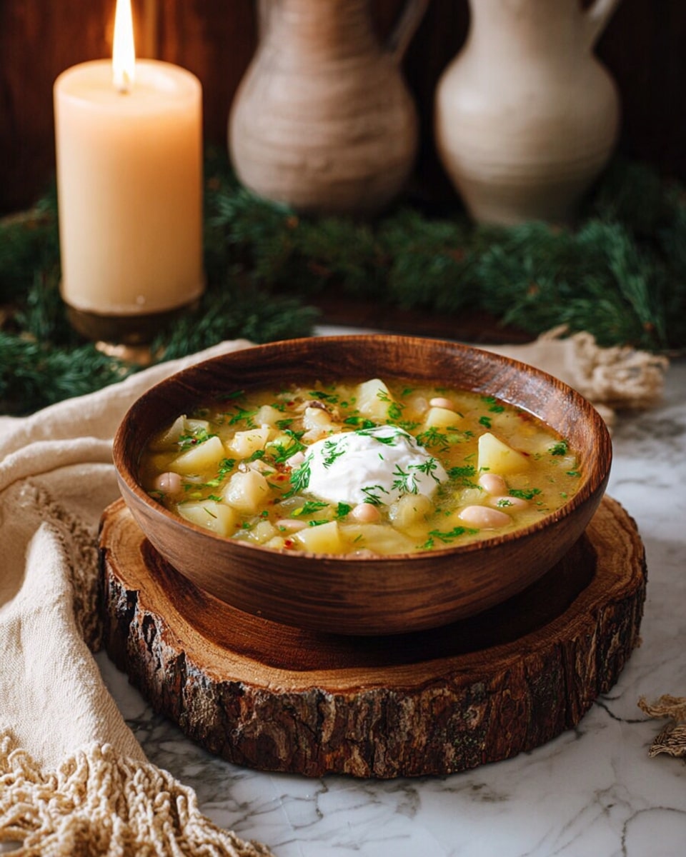 The image shows a wooden bowl filled with a clear soup containing light yellow potato chunks, small beige beans, and chopped green celery. On top, there is a dollop of white sour cream garnished with small pieces of fresh green chives. The bowl sits on a round wooden plate, which is placed on a round wood slice with bark, all set on a white marbled surface with a light beige fringed cloth to the side. photo taken with an iphone --ar 4:5 --v 7