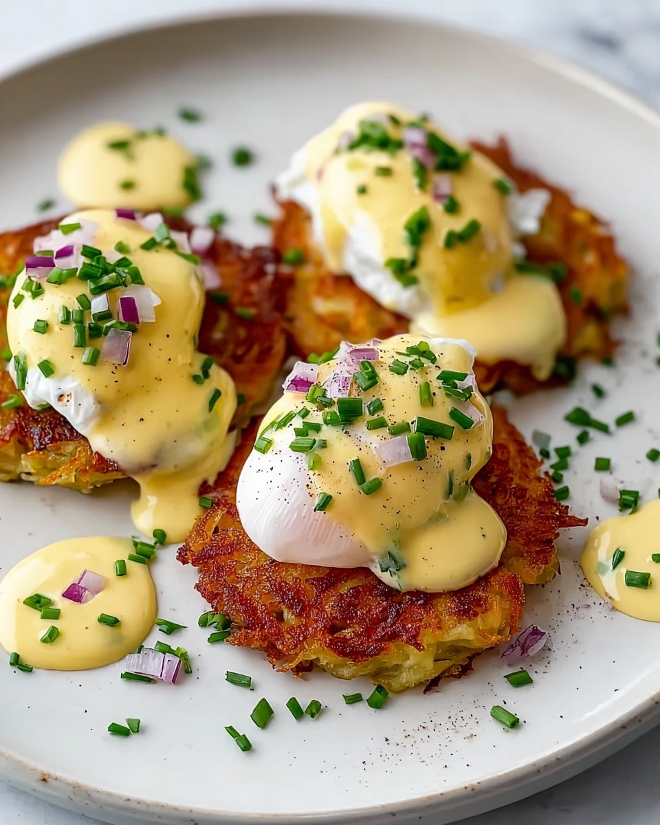 Three crispy golden brown potato pancakes sit on a white plate with a white marbled texture underneath. Each pancake is topped with a soft, white poached egg covered in a thick, pale yellow hollandaise sauce. The sauce glistens and drips gently down the sides. Finely chopped green chives and small pieces of red onion are sprinkled on top, adding bright green and purple touches. There are also small splashes of black pepper over the eggs and sauce. The plate has a few extra dollops of hollandaise sauce and scattered chives around the pancakes. photo taken with an iphone --ar 4:5 --v 7