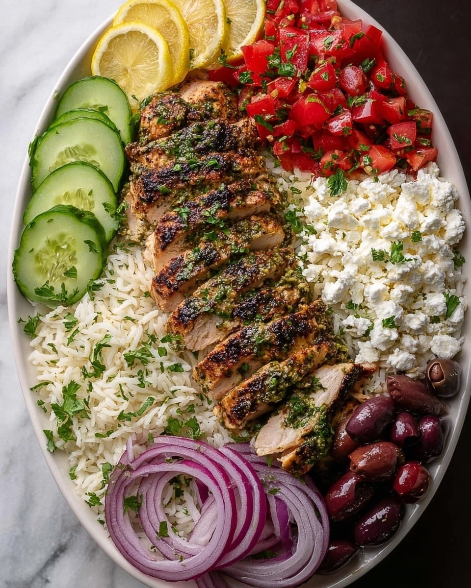 A white oval plate filled with layers of food starting with a bed of fluffy white rice sprinkled with green herbs covering the whole base. On top, in the center, there is a row of grilled chicken breast cut into thick slices with a charred, brown, and green herb crust. To the left of the chicken are thinly sliced cucumber rounds, and towards the top left edge are two lemon slices. At the top right of the plate, there is a pile of chopped bright red tomatoes mixed with green herbs. To the right of the chicken, there is a section of crumbled white feta cheese with some herbs scattered on top. At the bottom right corner, there are dark purple olives, and near the bottom center, thin slices of purple onion rings with a sprinkle of green herbs. The plate sits on a white marbled surface. Photo taken with an iphone --ar 4:5 --v 7