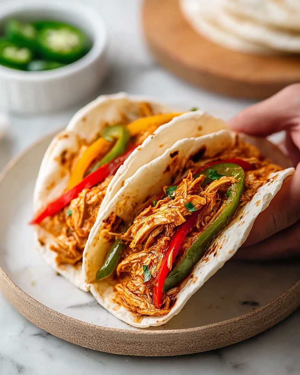 A white oval dish filled with shredded chicken mixed with thick strips of red, yellow, and green bell peppers and onions, all coated in a rich, reddish-brown sauce; small green herbs are sprinkled on top. In the background, there is a white bowl with sliced green jalapeños and a stack of tortillas on a wooden board, placed on a white marbled surface. The image is bright and clear, showing the texture of tender meat and soft vegetables. Photo taken with an iphone --ar 4:5 --v 7