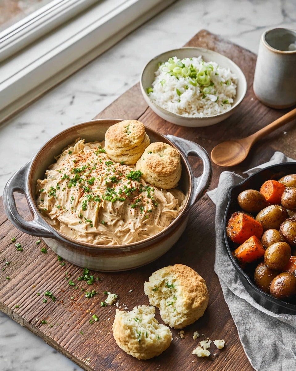 A large round bowl with handles holds creamy beige shredded chicken topped with green herbs and chili flakes, accompanied by three golden-brown biscuits on the side of the bowl. Below the bowl on a wooden surface, there are two broken biscuits showing a soft, greenish inside with crumbs scattered around. Above this bowl, there is a smaller white bowl filled with white rice mixed with some green scallions on top. To the right, a black skillet contains roasted small brown potatoes and whole roasted orange carrots, garnished with green herbs. The scene is set on a wooden board near a window with a small white container and a wooden spoon resting beside a light gray napkin. The entire setting is on a white marbled texture surface. photo taken with an iphone --ar 4:5 --v 7
