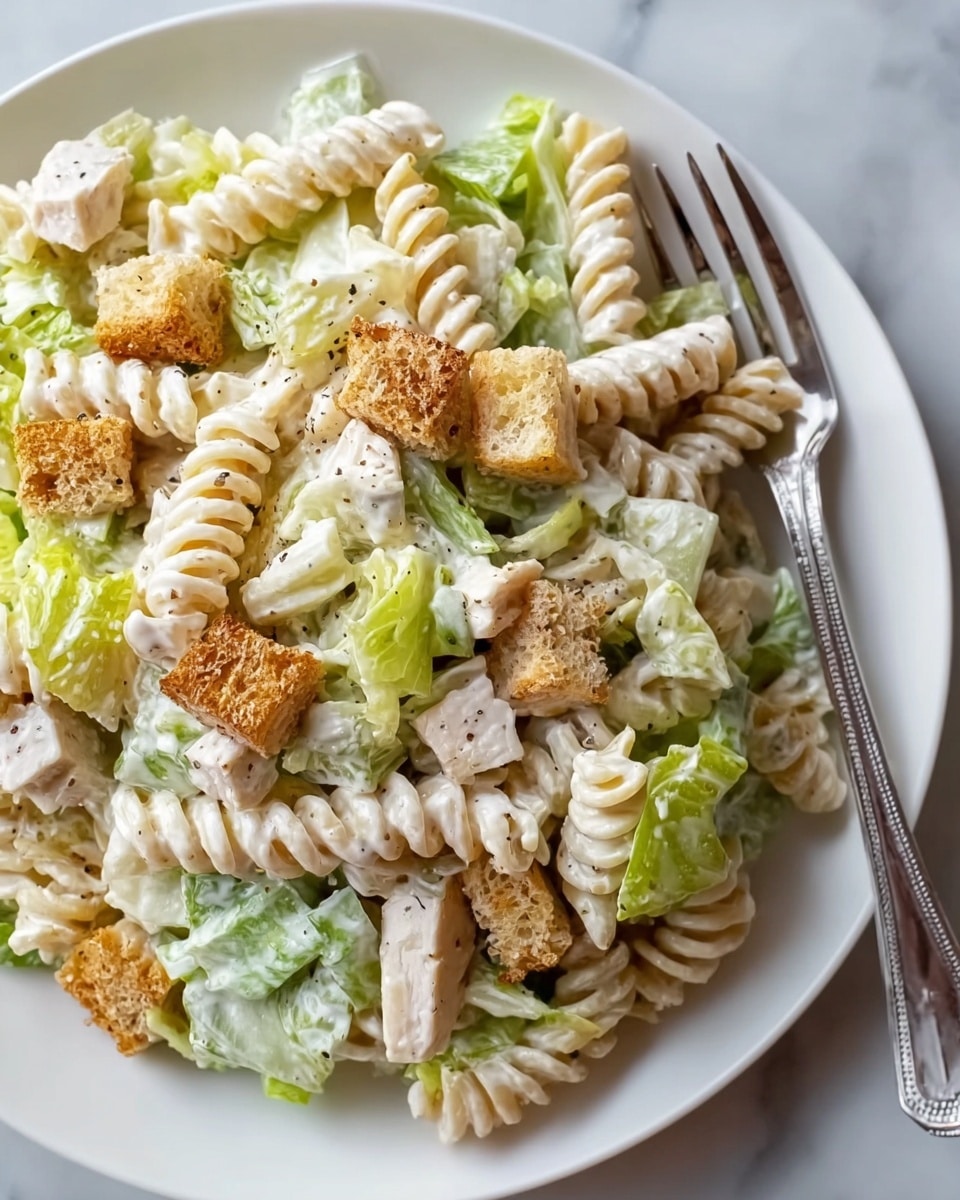 A close-up view of a white bowl filled with a creamy pasta salad that has three main layers: light yellow spiral pasta coated with a white creamy sauce, green crisp lettuce pieces, and golden brown toasted croutons mixed throughout. Small chunks of light beige grilled chicken are scattered evenly among the pasta and lettuce. A silver fork is lifting a bite of pasta with a crouton, showing the textures and creamy dressing in detail. The bowl sits on a white marbled surface. photo taken with an iphone --ar 4:5 --v 7