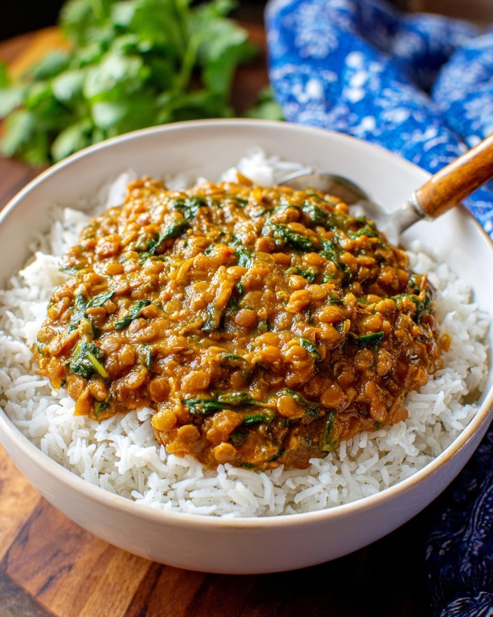 A white bowl filled with a base layer of fluffy, white rice, topped with a thick, chunky lentil curry that has a rich orange-brown color with visible bits of green spinach and small pieces of vegetables mixed in. The bowl is set on a wooden table with a blue patterned cloth partially under it. Green herb leaves are slightly blurred in the background, adding freshness to the scene. A spoon with a wooden handle is placed on the edge of the bowl. Photo taken with an iphone --ar 4:5 --v 7