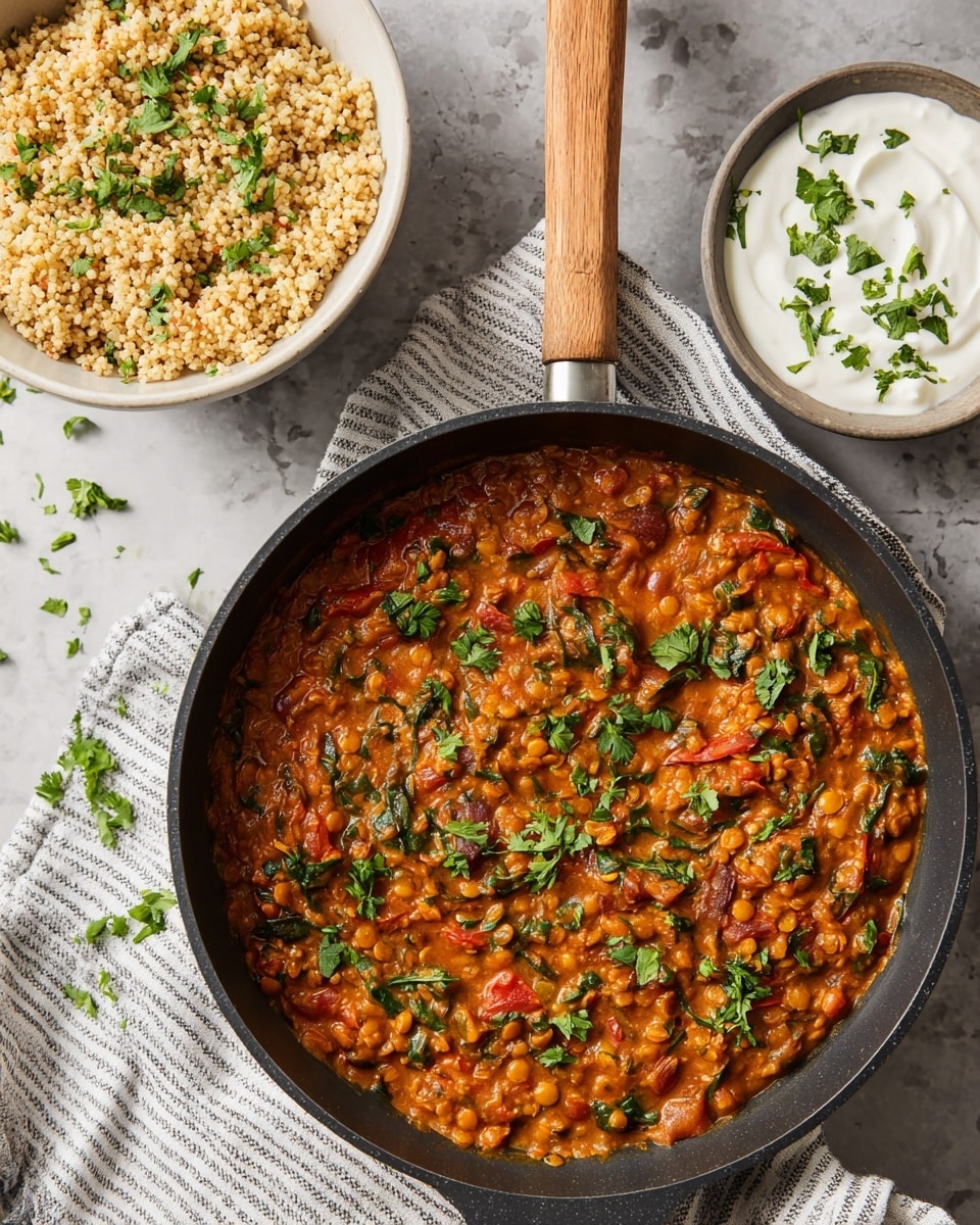 A deep black skillet with a wooden handle holds a thick stew made of orange-brown lentils mixed with bits of red tomatoes and green leafy herbs scattered on top. Next to the skillet, there is a white bowl filled with light tan cooked grains garnished with small green leaves, and a white bowl containing white yogurt topped with green herbs. The dishes are placed on a white marbled textured surface with a white and black striped cloth under the skillet. Some chopped green herbs are lightly scattered around the scene. Photo taken with an iphone --ar 4:5 --v 7