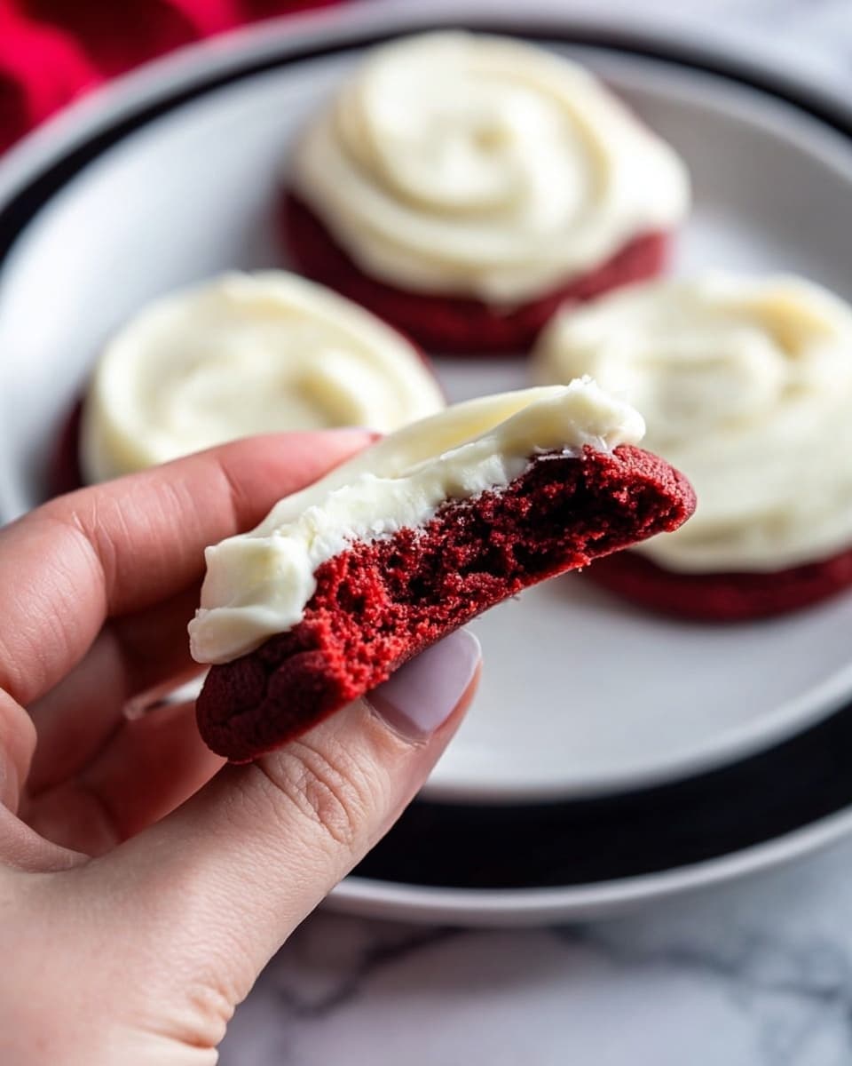 The image shows several round red velvet cookies placed on a metal cooling rack over a white marbled surface. Each cookie has two layers: a dense, deep red base layer with a slightly cracked texture and a thick, creamy white frosting layer generously spread on top with smooth, swirled patterns. The cookies are closely arranged in rows, with a white cloth featuring red heart shapes partly visible on the left side. Photo taken with an iphone --ar 4:5 --v 7