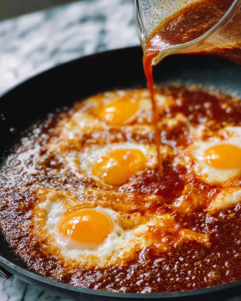 A close-up of a black frying pan with three sunny-side-up eggs cooking in a thick, bubbling reddish-brown sauce. A clear glass jug is pouring more sauce over the eggs from the right side. The eggs have bright orange yolks and slightly cooked whites, partially covered by the sauce. The black pan edges contrast with the rich texture and shiny surface of the sauce and eggs. The background shows a blurred white marbled texture. photo taken with an iphone --ar 4:5 --v 7
