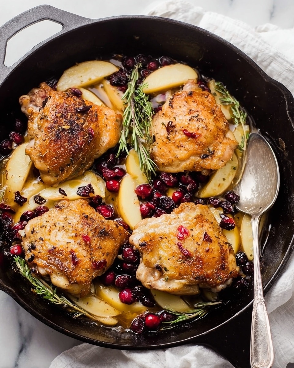 The image shows a close-up of a pan filled with golden-brown cooked chicken thighs, each having crispy skin with a touch of black pepper and small dark red cranberries on top. Around the chicken, there are several thick slices of cooked apples with a soft, caramelized texture and a warm golden color. Fresh green rosemary sprigs are tucked between the chicken pieces, adding a fresh contrast. The pan is on a white marbled surface, and the dish is bathed in a glossy light brown sauce that ties the ingredients together. Photo taken with an iphone --ar 4:5 --v 7
