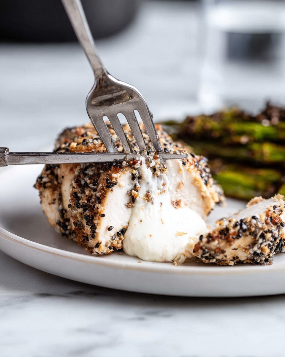 A close-up image of a white plate holding a piece of chicken breast that is being sliced with a fork and knife; the chicken is coated with a speckled crust of black and white seeds and spices, and the cut reveals a creamy white cheese filling oozing out, soft and smooth in texture, with some small black bits inside. In the background, some roasted green vegetables are partially visible, all set on a white marbled surface with a blurry glass of water behind. photo taken with an iphone --ar 4:5 --v 7