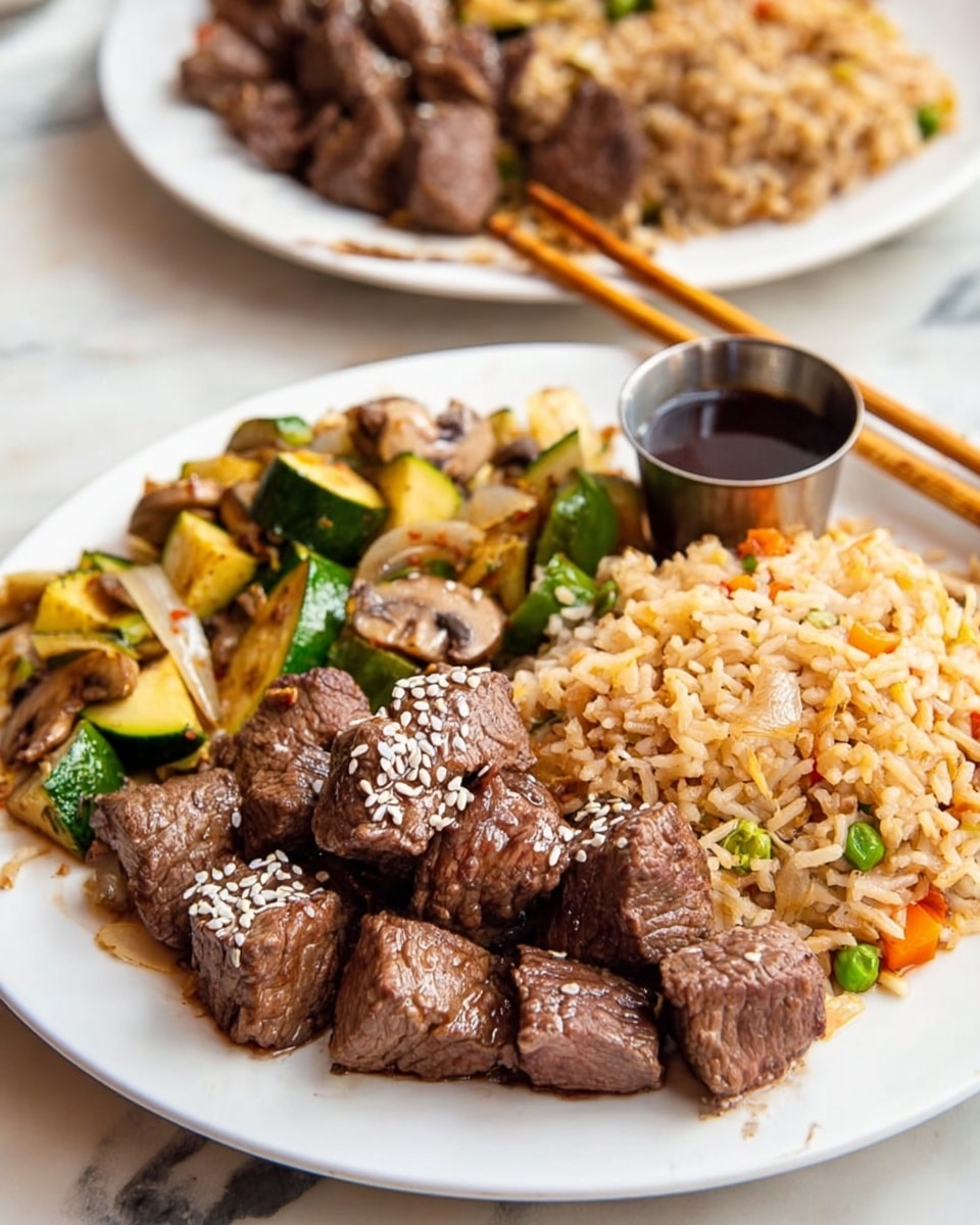 A white plate holds a serving of cubed, cooked beef pieces sprinkled with white sesame seeds, arranged in the lower part of the plate. To the side, there is a round mound of fried rice mixed with green peas and small bits of carrots, giving it orange and green colors scattered throughout the light brown rice. Surrounding the rice and beef, there are mixed cooked vegetables including green zucchini slices, yellow baby corn, light brown mushrooms, and white onion slices, all topped with white sesame seeds. The plate rests on a white marbled surface. photo taken with an iphone --ar 4:5 --v 7