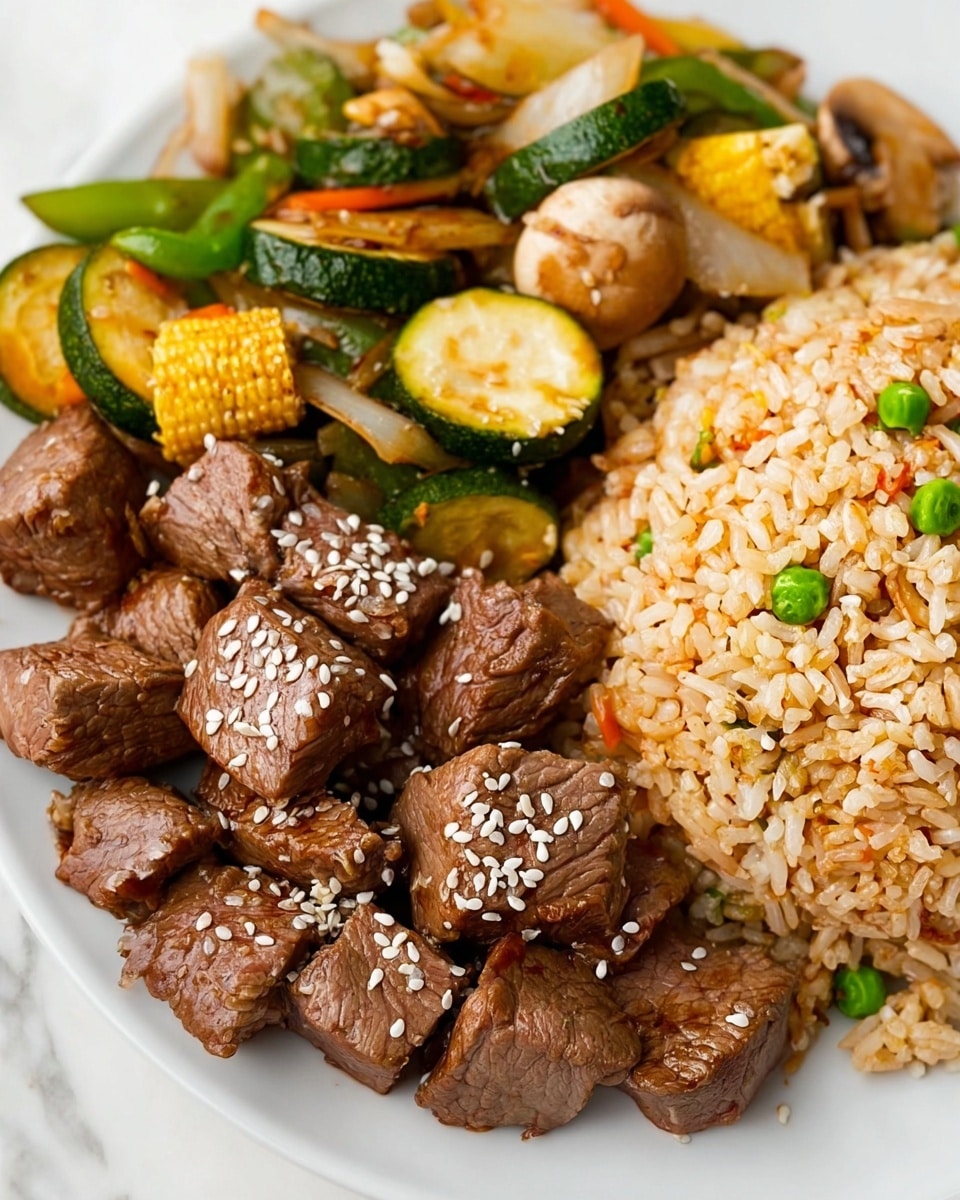A white plate holds a colorful meal with three sections: in front, there are several pieces of cooked beef cubes sprinkled with white sesame seeds, showing a brown, slightly seared texture; to the left, a mix of sautéed green zucchini slices, brown mushrooms, and white onion pieces with a shiny, soft look; to the right, a mound of fried rice mixed with small green peas and orange carrot bits, giving the rice a light brown color. A small silver cup containing dark brown dipping sauce is placed on the right edge of the plate. Wooden chopsticks rest behind the rice, and all is set on a white marbled surface. In the background, a second white plate with more pieces of beef and fried rice is partly visible. photo taken with an iphone --ar 4:5 --v 7