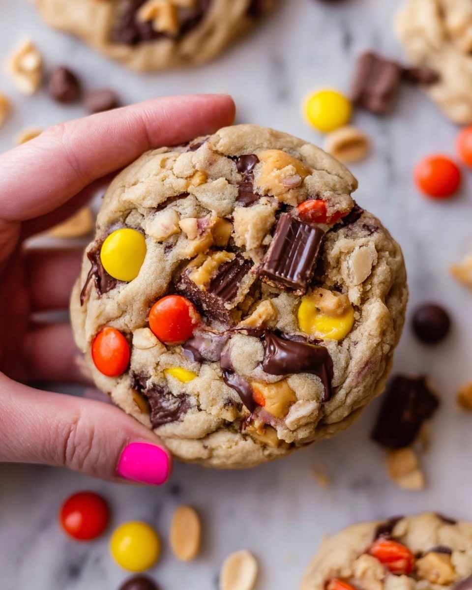 A close-up view of a soft baked cookie filled with colorful candy pieces like yellow, orange, and red, mixed with melted dark chocolate chunks and small peanut butter cup pieces. A woman's hand with pink nail polish holds the cookie from the left side, showing the texture of the cookie dough that is light brown and slightly crumbly. The cookie is on a white marbled surface with scattered candies and melted chocolate drops around it. The photo captures the cookie’s detailed texture and bright colors. Photo taken with an iphone --ar 4:5 --v 7