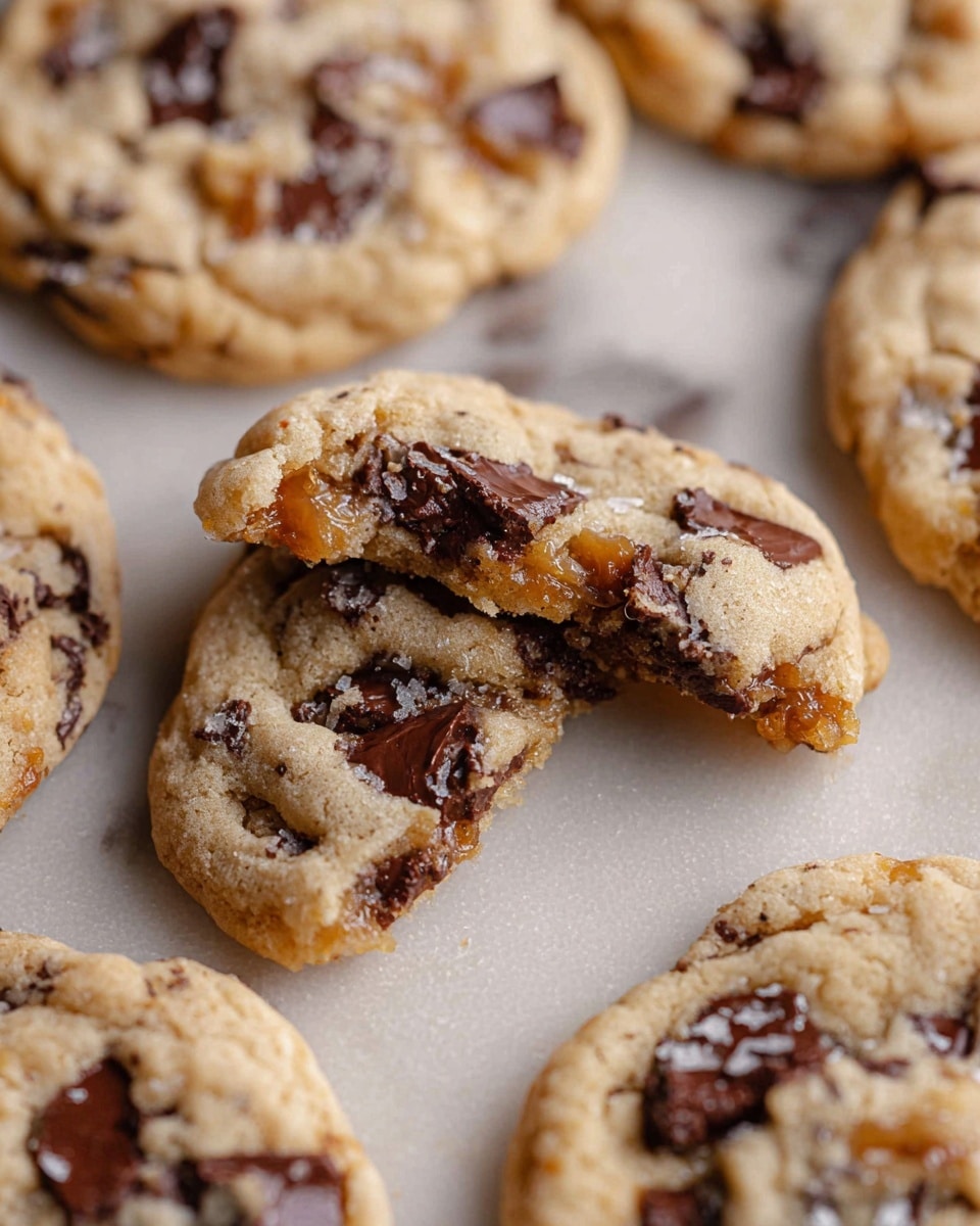 The image shows several soft chocolate chip cookies placed closely together on a white marbled surface. The cookie in the center is broken in half, revealing a chewy light beige inside with dark brown, melted chocolate chunks scattered throughout. The cookie dough looks slightly rough and textured, with visible caramel-colored bits embedded in the cookies. The cookies have a rustic and homemade feel with uneven edges and a soft, slightly gooey appearance. Photo taken with an iphone --ar 4:5 --v 7