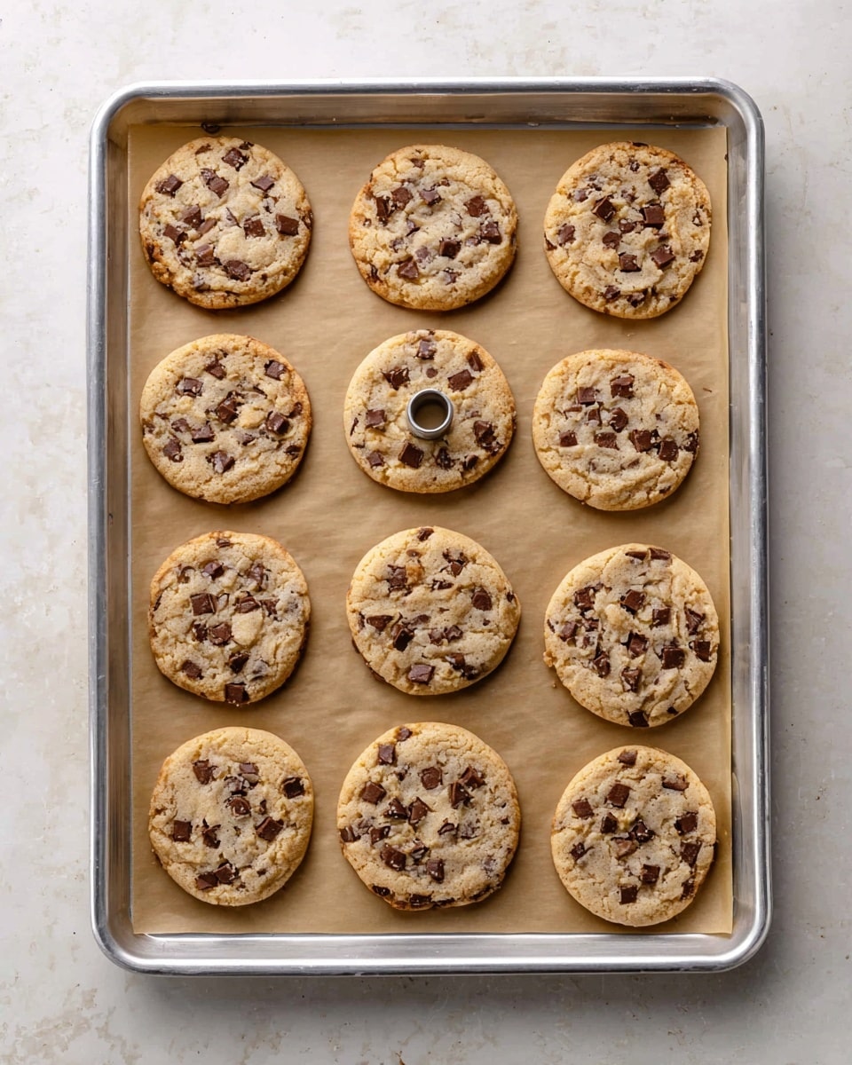A metal baking tray lined with light brown parchment paper holds twelve round chocolate chip cookies arranged in a neat grid with four rows and three columns. Each cookie is light golden brown with a slightly cracked surface and has many small to medium sized dark chocolate chips scattered throughout. In the middle row, second from the left, a cookie cutter ring encircles one cookie, highlighting its round shape. The tray rests on a white marbled surface. photo taken with an iphone --ar 4:5 --v 7