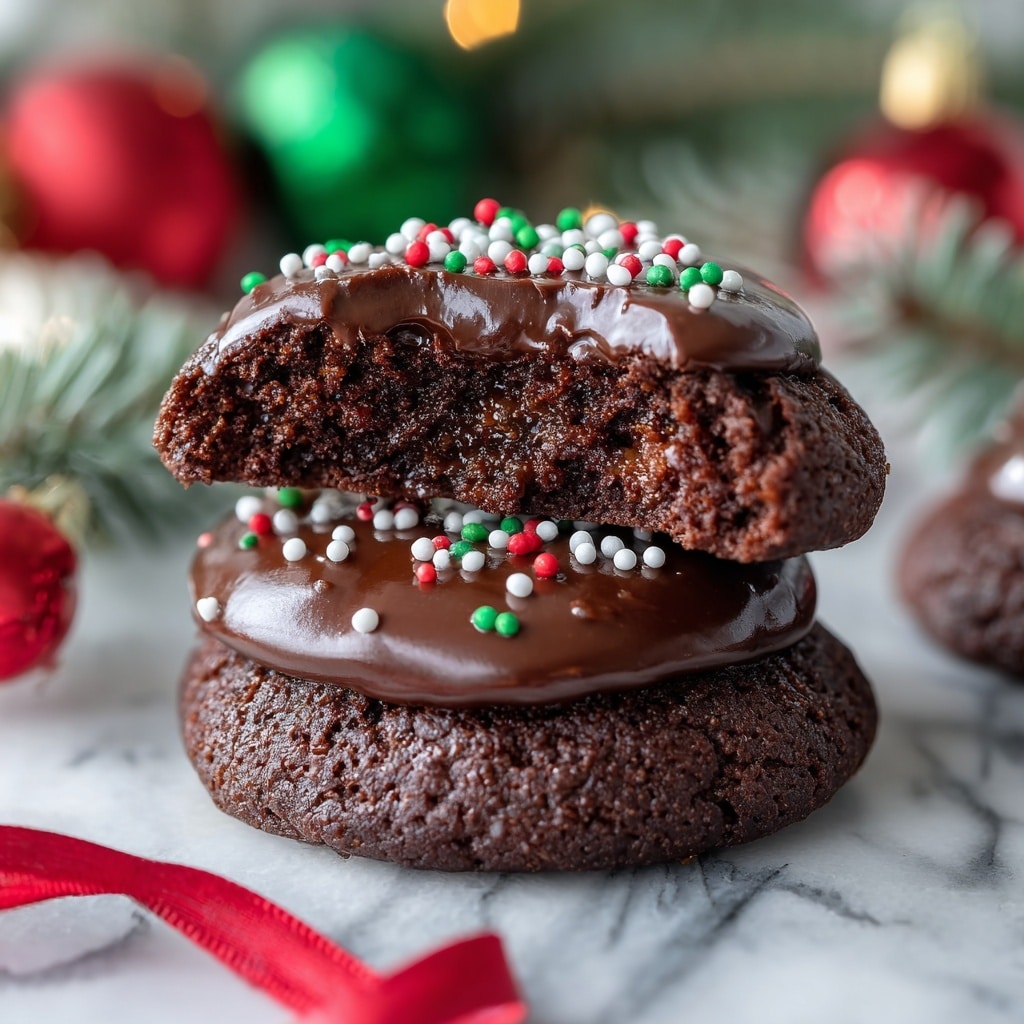 A stack of five thick dark chocolate cookies is placed on a white marbled surface, with the top cookie broken to reveal a moist, rich inside and smooth chocolate frosting on top. The frosting layer is glossy and dark, decorated with small round sprinkles in white, red, and green colors. A red ribbon curves across the bottom left foreground, while blurred holiday decorations with green pine and shiny red ornaments are in the background. The cookies have a dense, slightly rough texture and are evenly stacked, showing a clear contrast between the matte cookie and the shiny frosting. Photo taken with an iphone --ar 4:5 --v 7