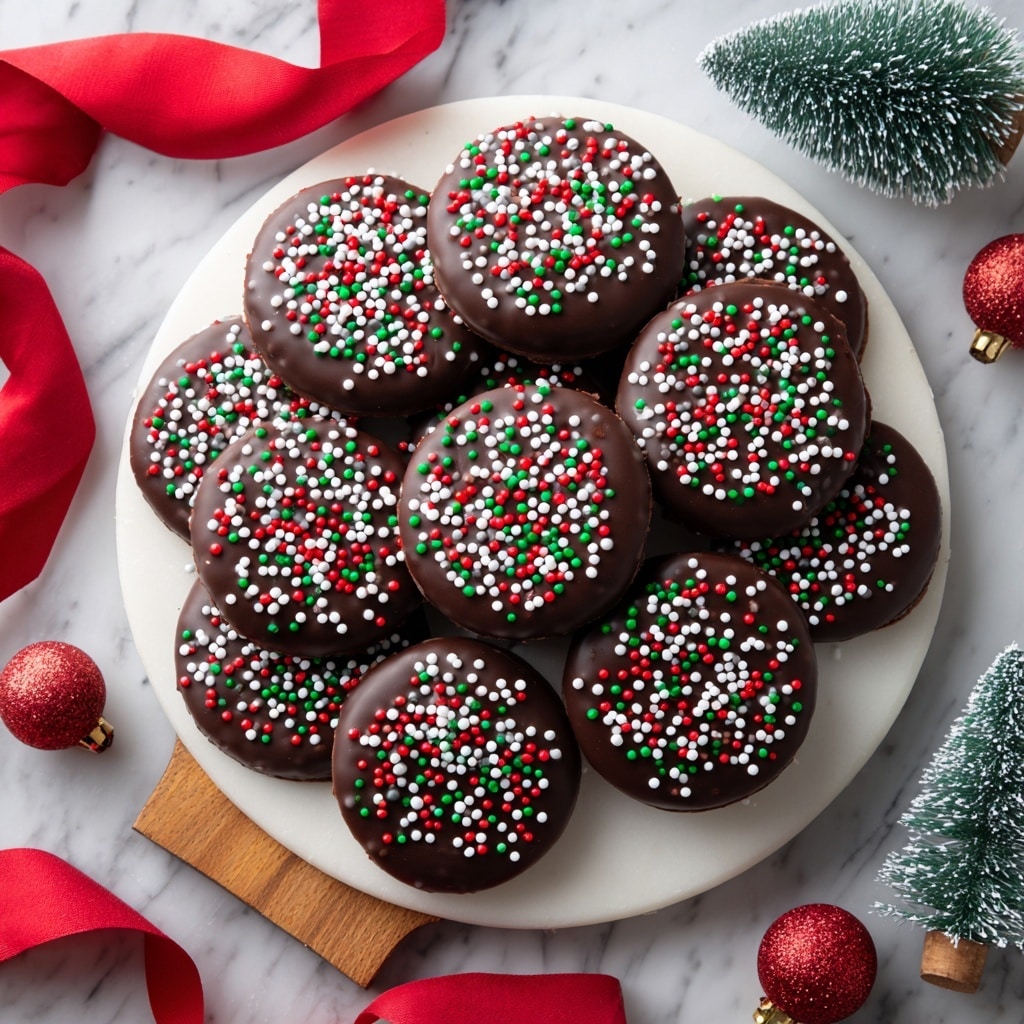 A white round wooden board filled with two layers of dark chocolate-covered round cookies topped with red, green, and white sprinkles, all arranged neatly and overlapping slightly. The board sits on a white marbled surface with a red ribbon on the left side and small festive decorations, including a red ball and a small green Christmas tree with snow-like tips, around it. Photo taken with an iphone --ar 4:5 --v 7