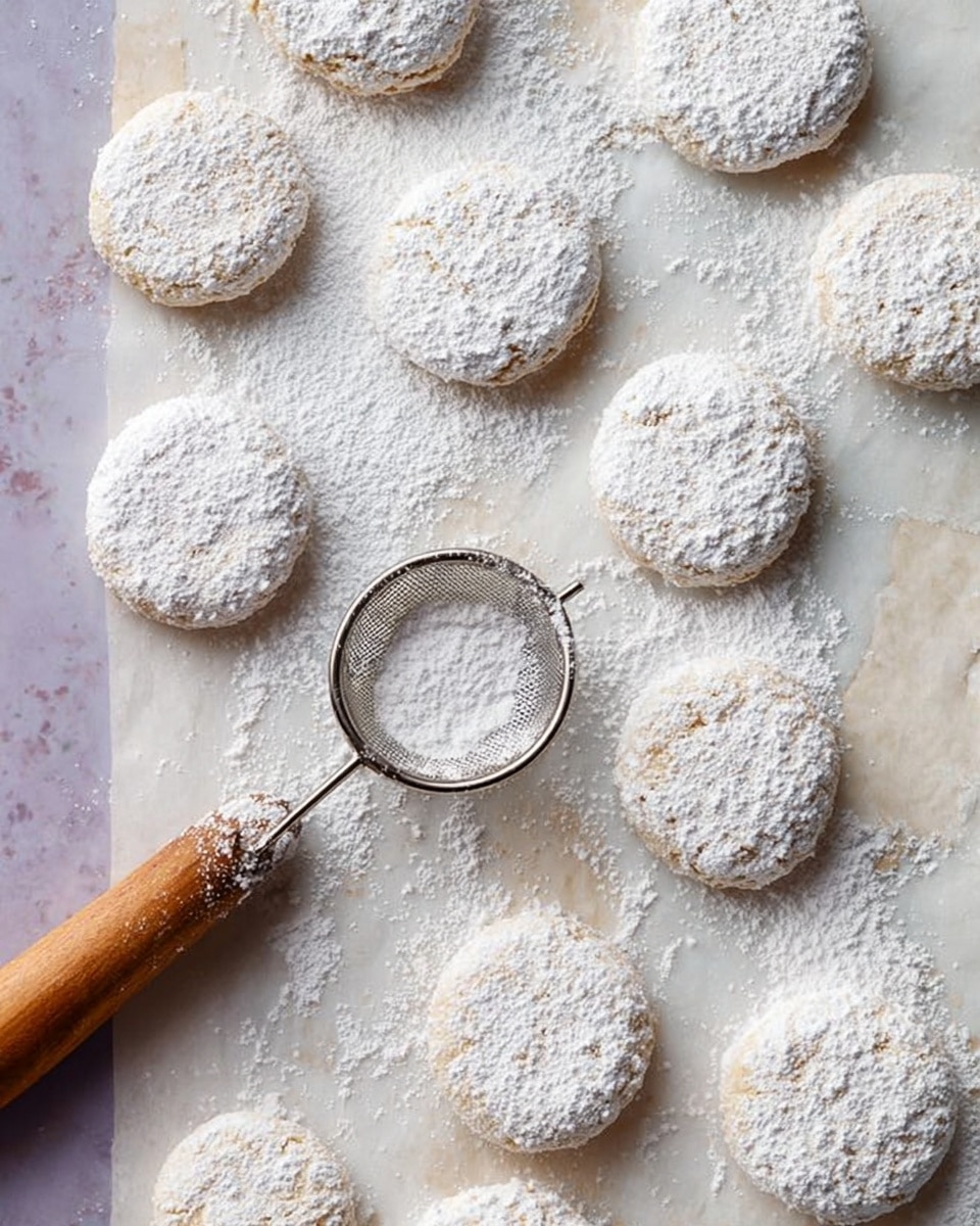 Multiple small round cookies are spread on parchment paper over a white marbled surface. Each cookie is dusted thickly and evenly with white powdered sugar, giving a soft, snowy texture on top. The cookies themselves are pale golden brown, visible through the sugar in some places. A metal sieve with a wooden handle rests nearby, with powdered sugar inside, suggesting it was used to dust the cookies. The overall look is light and airy with soft contrast between the white sugar and the pale cookies. Photo taken with an iphone --ar 4:5 --v 7