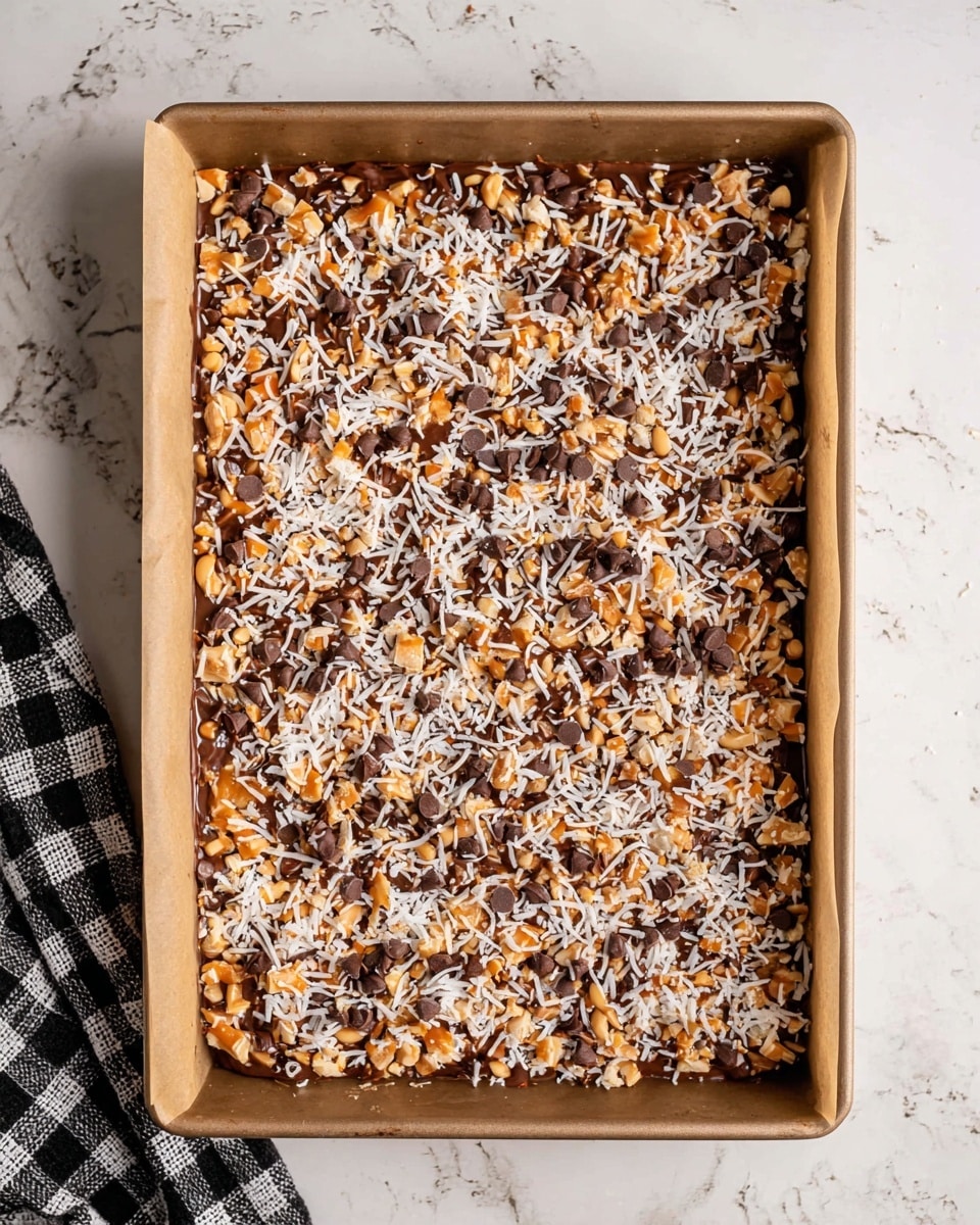 The image shows three square dessert bars stacked in a pyramid on a white plate, placed on a white marbled surface. Each bar has three clear layers: the bottom layer is a golden brown crust with a slightly crumbly texture; the middle layer is thick and smooth dark chocolate spread evenly; the top layer is a golden toasted coconut topping with strands of white coconut flakes sprinkled across it, giving a rough and crispy look. Photo taken with an iphone --ar 4:5 --v 7