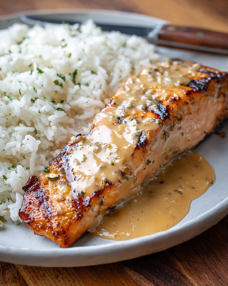 A white plate with fluffy white rice on the left side, speckled with tiny green herbs, and a golden-brown grilled salmon fillet on the right side, topped with a shiny light brown creamy sauce that drips slightly down the sides. The salmon has grill marks and a glossy surface, showing a juicy texture. The plate sits on a wooden surface with a knife resting near the edge. Photo taken with an iphone --ar 4:5 --v 7