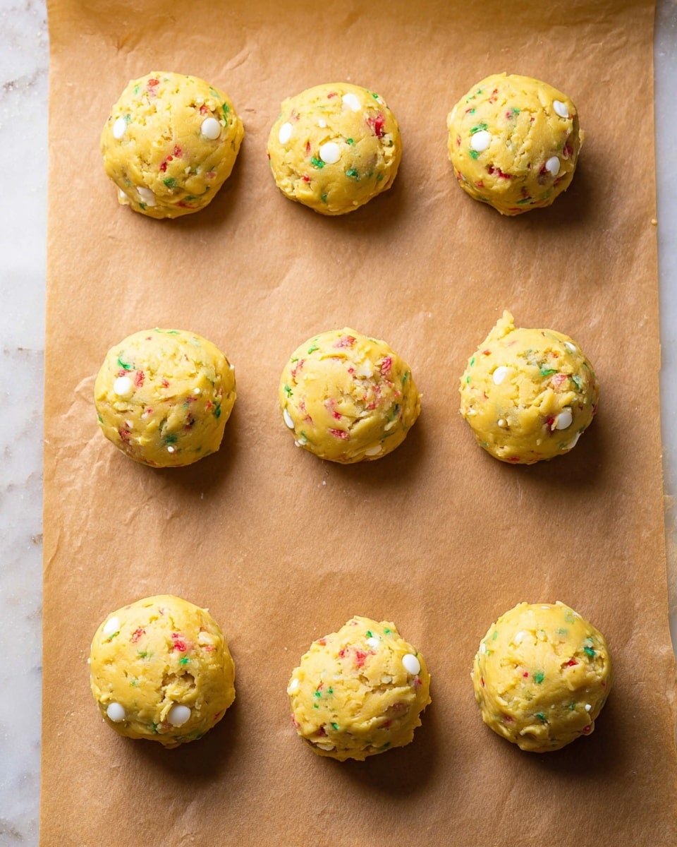 The image shows seven round balls of cookie dough placed evenly on brown parchment paper arranged over a white marbled surface. Each dough ball is thick and rough textured with a yellow base color dotted with small white chocolate chips and tiny pieces of red and green sprinkles, giving a festive look. The dough balls are arranged in three rows, with the top and bottom rows having three balls each and the middle row having one ball off-center towards the top. Photo taken with an iphone --ar 4:5 --v 7