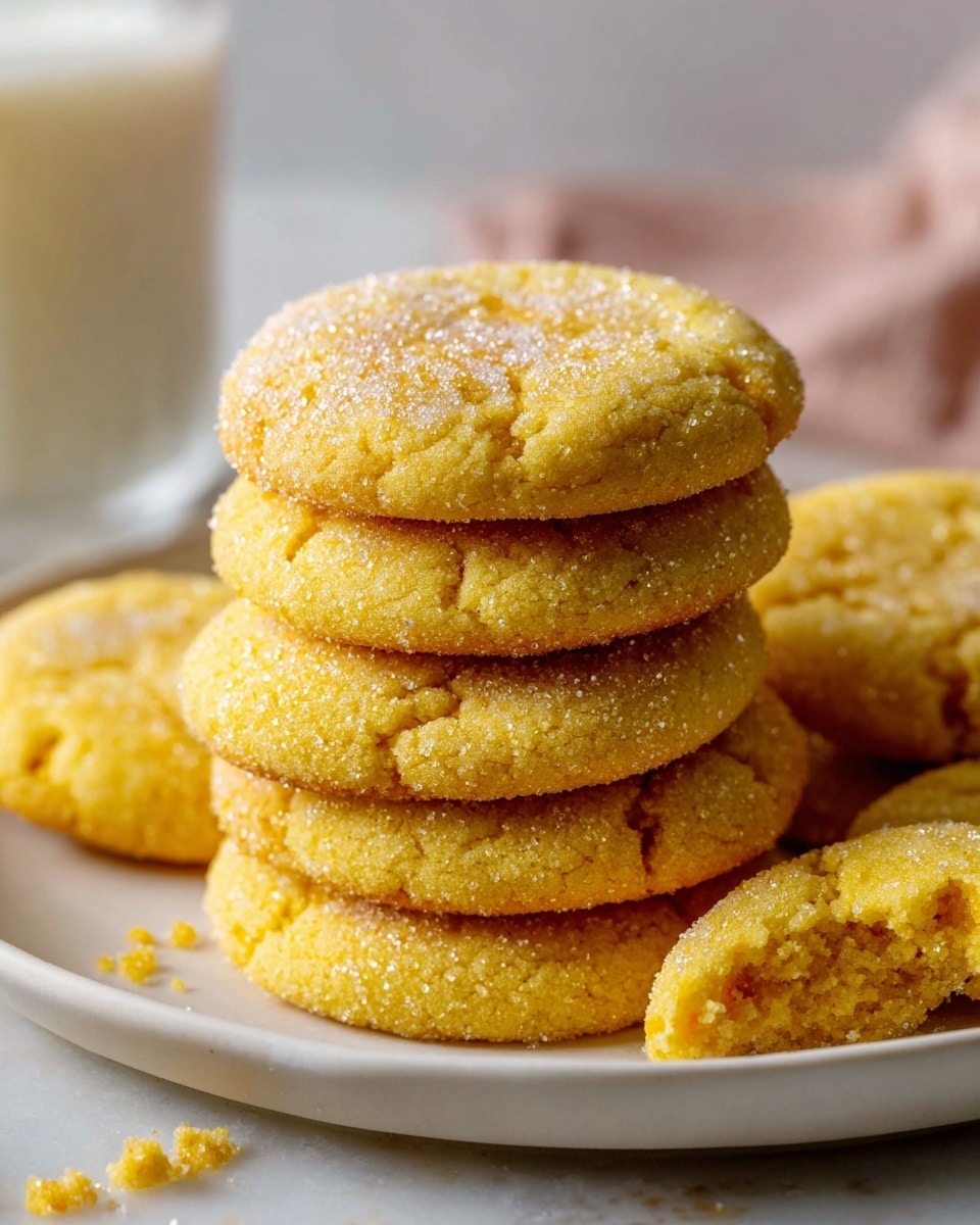 A close-up of a pile of soft, round cookies stacked on a shallow white plate, each cookie golden yellow with a cracked, sugar-coated surface giving a slightly grainy texture, some crumbs scattered on the white marbled surface below. The cookies have a textured top with light sugar crystals that catch the light, and the plate rests on a light pink cloth. In the background, a glass of milk is slightly out of focus. photo taken with an iphone --ar 4:5 --v 7