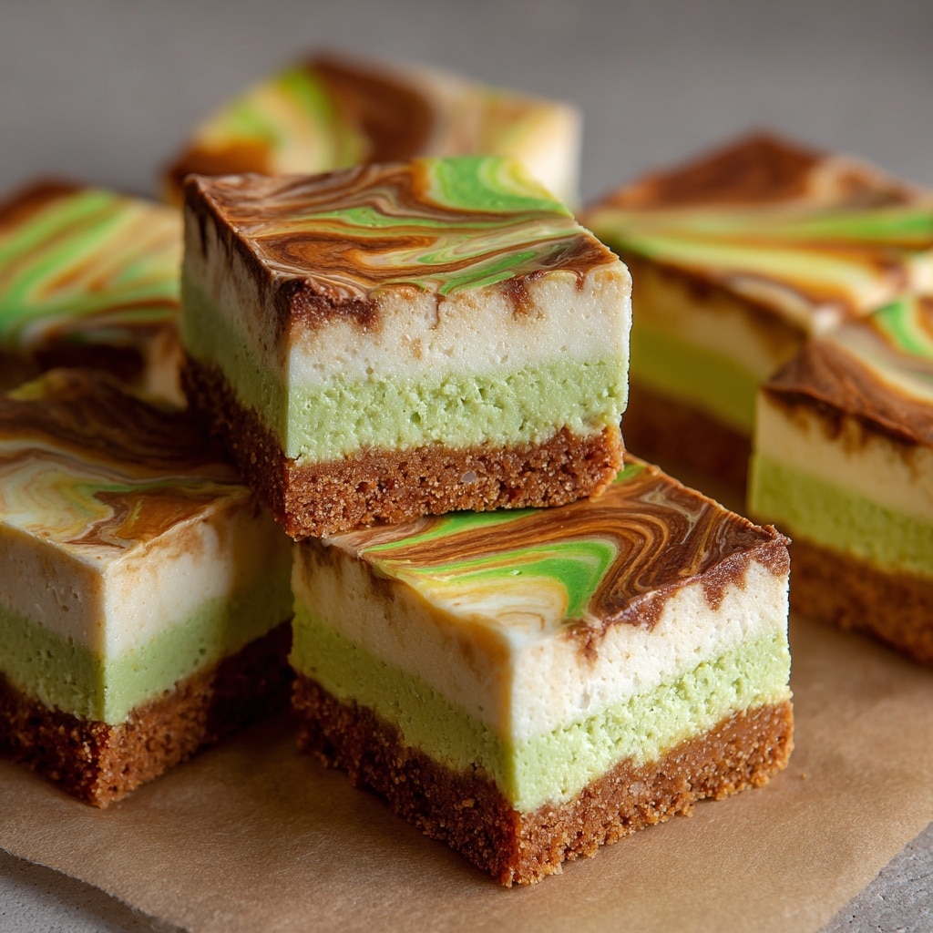 The image shows seven square slices of a marble cake arranged on a white marbled surface. Each slice has three main visible layers with swirls of light yellow, dark brown, and greenish colors blending together in a smooth, wavy pattern. The outer edges of the cake are golden brown and slightly crusty, while the inner layers look soft and moist. The mixture of colors creates a beautiful, artistic look on each piece. Photo taken with an iphone --ar 4:5 --v 7