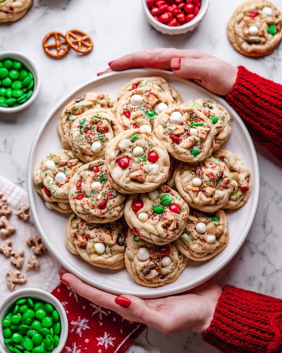 A clear glass bowl filled with thick, chunky cookie dough mixed with red and green candy-coated chocolates and dark brown chocolate chips sits in the center. A wooden spoon rests inside the bowl. Surrounding it are more small bowls: one with red and green sprinkles, another with red and green candy-coated chocolates, and a larger white bowl behind containing pretzels and ridged potato chips. On the white marbled surface next to the dough bowl is a yellow Nestle Toll House bag and some dried orange slices. The kitchen background has white cabinets and an oven. photo taken with an iphone --ar 4:5 --v 7