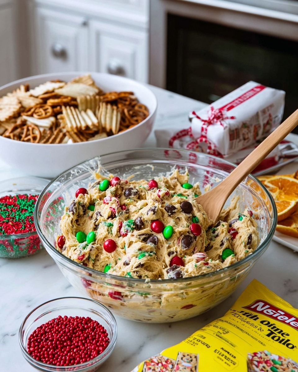 A white plate filled with about a dozen festive cookies stacked in a loose pile, each cookie light beige with visible chunks of red and green sprinkles, red and green M&M candies, white chocolate chips, and pieces of small pretzels on top, adding texture and color. The cookies are chunky and soft-looking with scattered multicolored sprinkles creating a holiday feel. Two woman's hands with red nail polish and a red sweater gently hold the plate at the sides. Around the plate, on a white marbled surface, are small white bowls filled with green and red candies, white chocolate chips, and small pretzels, adding to the festive setting. photo taken with an iphone --ar 4:5 --v 7