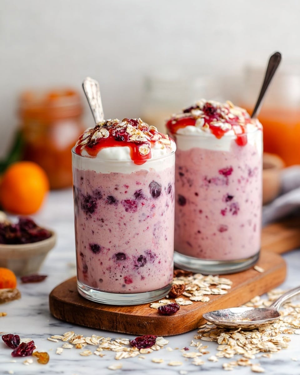 Two clear glasses filled with a creamy pink mixture that has small dark red and purple fruit pieces mixed inside, showing about three layers of the mixture with some fruit visible throughout. Each glass is topped with a thick white layer of yogurt or cream, drizzled with glossy red fruit sauce and sprinkled with oats. Metal spoons stick out from the top of each glass. The glasses sit on a wooden board placed on a white marbled surface scattered with oats and dried fruit. In the background, there are blurred jars and some small orange fruits to add color. Photo taken with an iphone --ar 4:5 --v 7