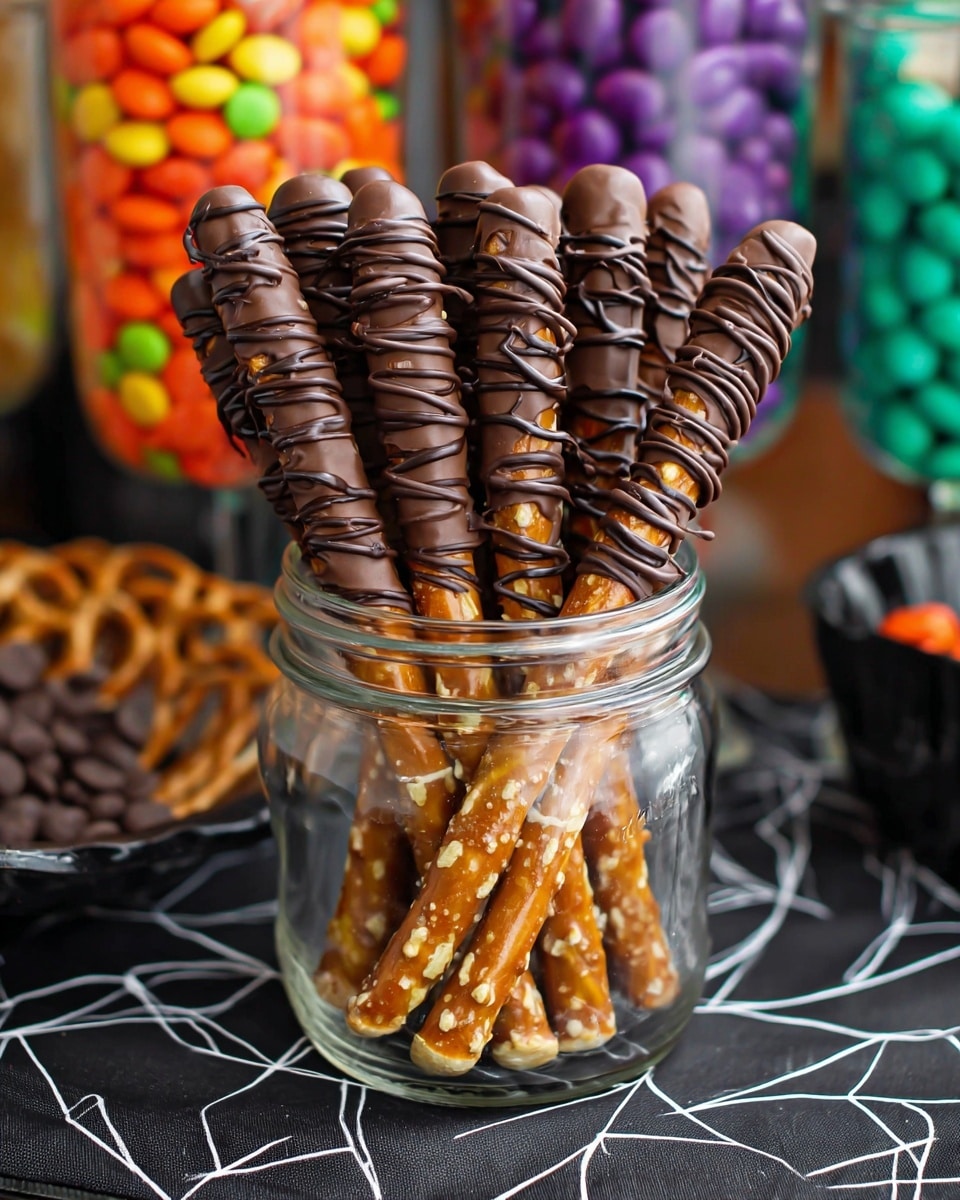 A clear glass jar holds about eight long pretzel sticks, each partially covered with a smooth layer of milk chocolate leaving the bottom part exposed with a golden brown, salty texture. Thin, dark chocolate drizzle lines wrap around each pretzel stick unevenly, creating a lacy pattern. The jar is placed on a black cloth with white line patterns, and in the blurred background, colorful jars filled with candies add a bright, festive touch. Photo taken with an iphone --ar 4:5 --v 7