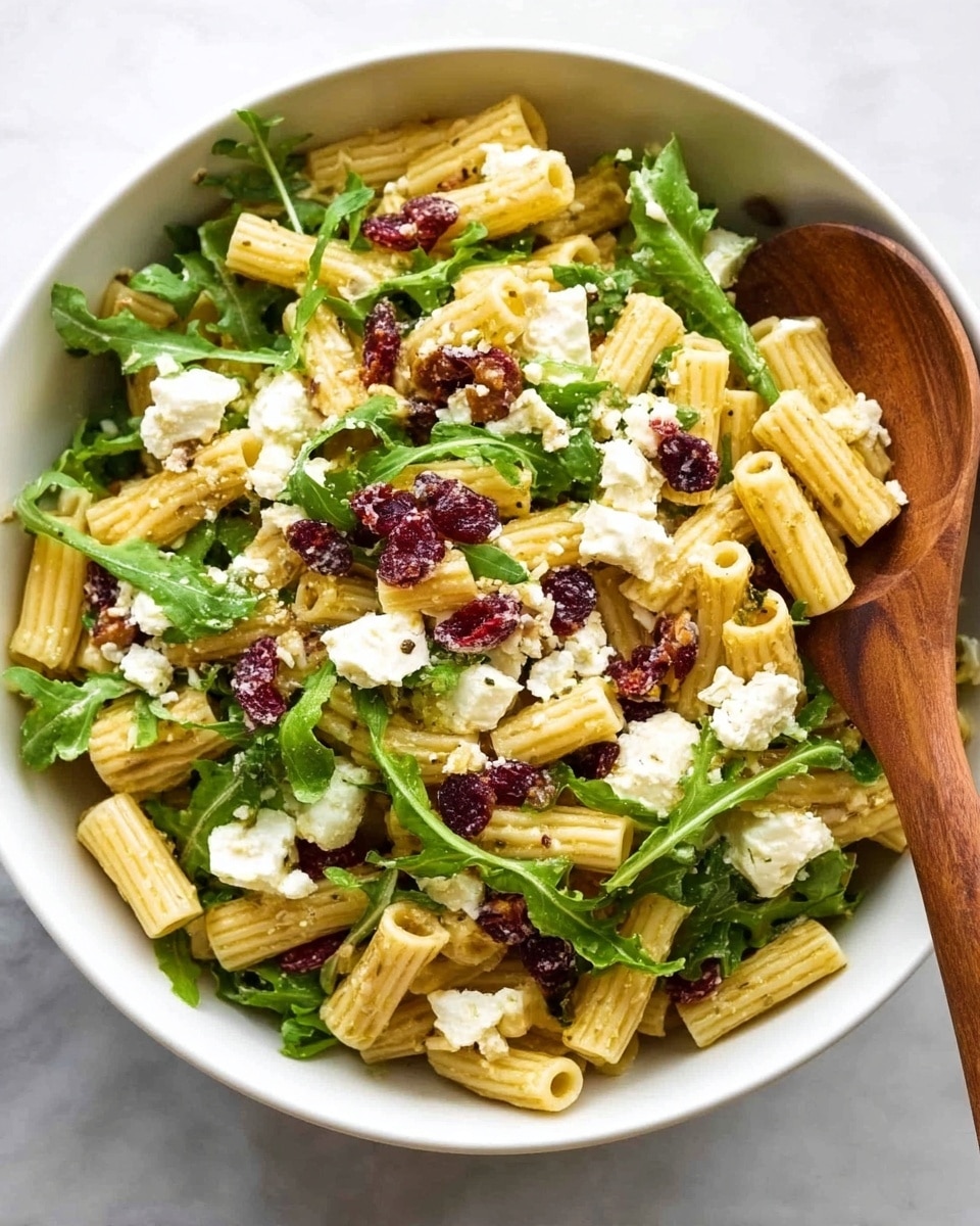 The dish is a close-up view of a bowl filled with several layers. At the bottom, there is a layer of fresh green spinach leaves with a smooth texture. On top of the spinach, large pale yellow rigatoni pasta pieces are scattered, their ridged surface visible. Mixed among the pasta are bright red dried cranberries, adding a pop of color. Small white dollops of creamy cheese are sprinkled evenly across the dish. Thin yellow lemon zest strips lie across the pasta and spinach. Tiny chopped nuts and coarse black pepper flakes are spread over the top, adding texture. The bowl is white, and the background shows a white marbled surface. photo taken with an iphone --ar 4:5 --v 7