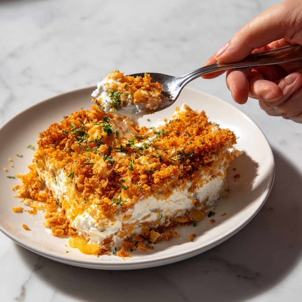 A close-up image shows a white plate with a creamy dish topped with a golden-brown crispy layer. The dish has two main layers: a thick, creamy white base visible underneath and a crunchy, bright orange crumb topping with small green herb bits scattered on top. A silver spoon, held by a woman's hand, scoops a serving from the plate, showing the soft and creamy texture under the crispy top. The background is a white marbled texture. Photo taken with an iphone --ar 4:5 --v 7