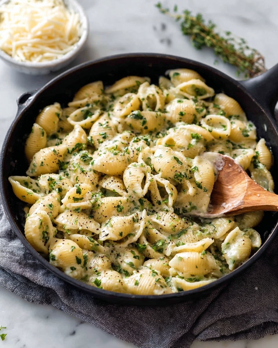 The image shows a close-up of a black skillet filled with creamy pasta shells mixed with finely chopped green herbs, creating a soft and textured surface. The pasta is coated with a light beige sauce that glistens slightly, and some black pepper is sprinkled on top, adding small dark specks. A wooden spoon rests inside the skillet, partially lifting some of the pasta. In the background, there is a small white bowl filled with shredded white cheese and a green thyme sprig lying next to it. The skillet sits on a gray cloth placed on a white marbled surface. photo taken with an iphone --ar 4:5 --v 7
